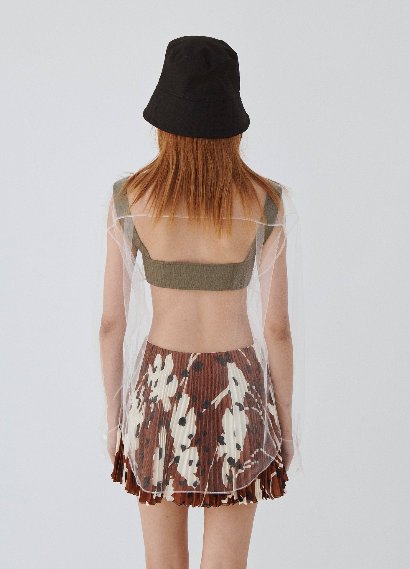 MONSE Floral Pleated Mini Skirt in Brown Multi on Model Back View