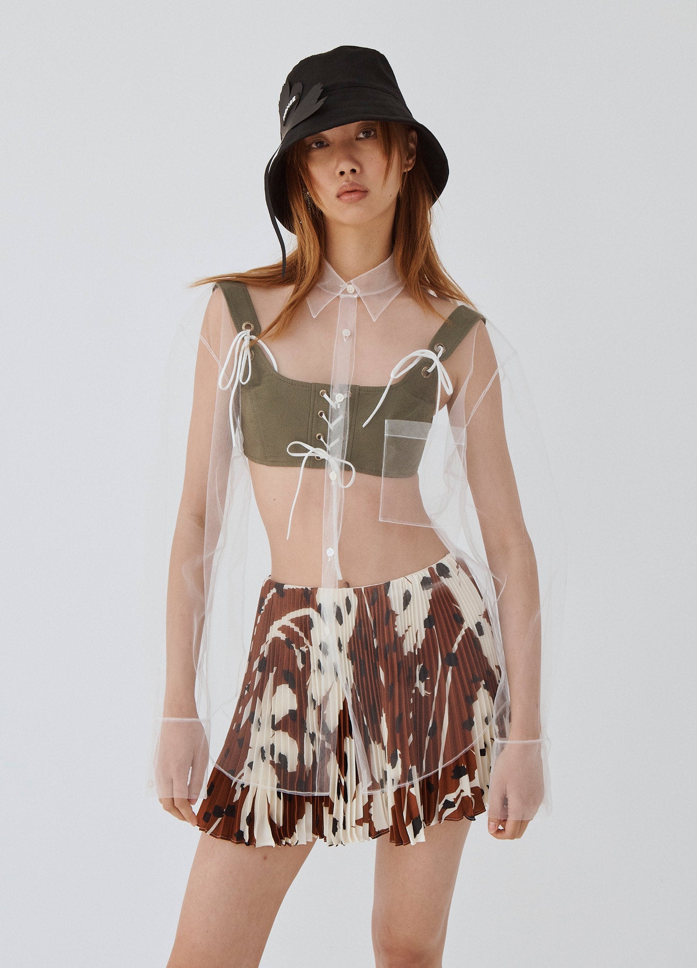 MONSE Floral Pleated Mini Skirt in Brown Multi on Model Front Alternate View