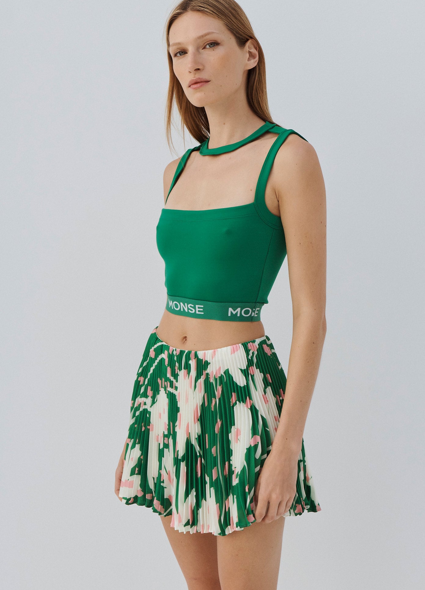 MONSE Floral Pleated Mini Skirt in Green Multi on Model Front View