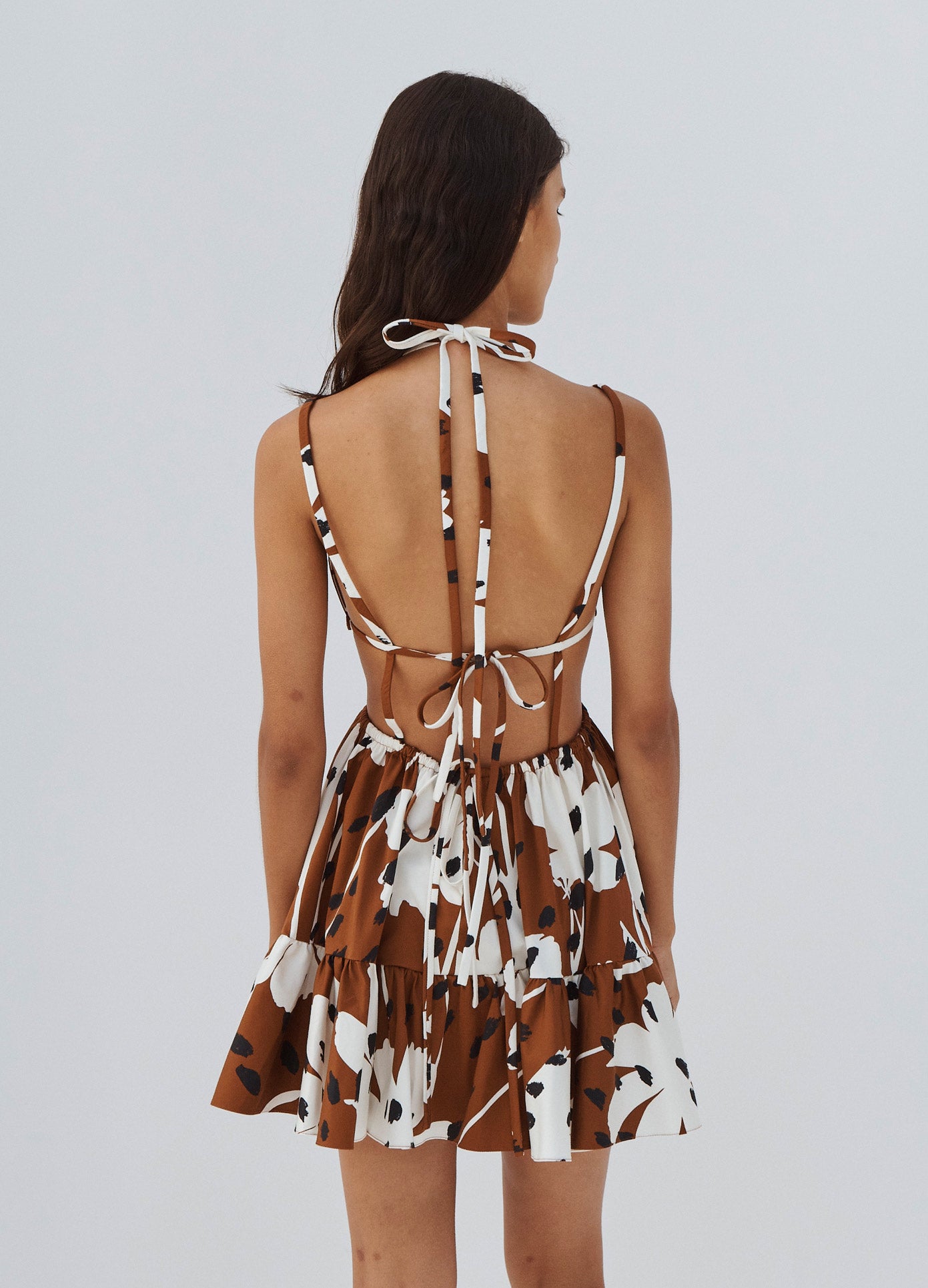 MONSE Floral Print Bra Detail Dress in Brown and Ivory on Model Back View