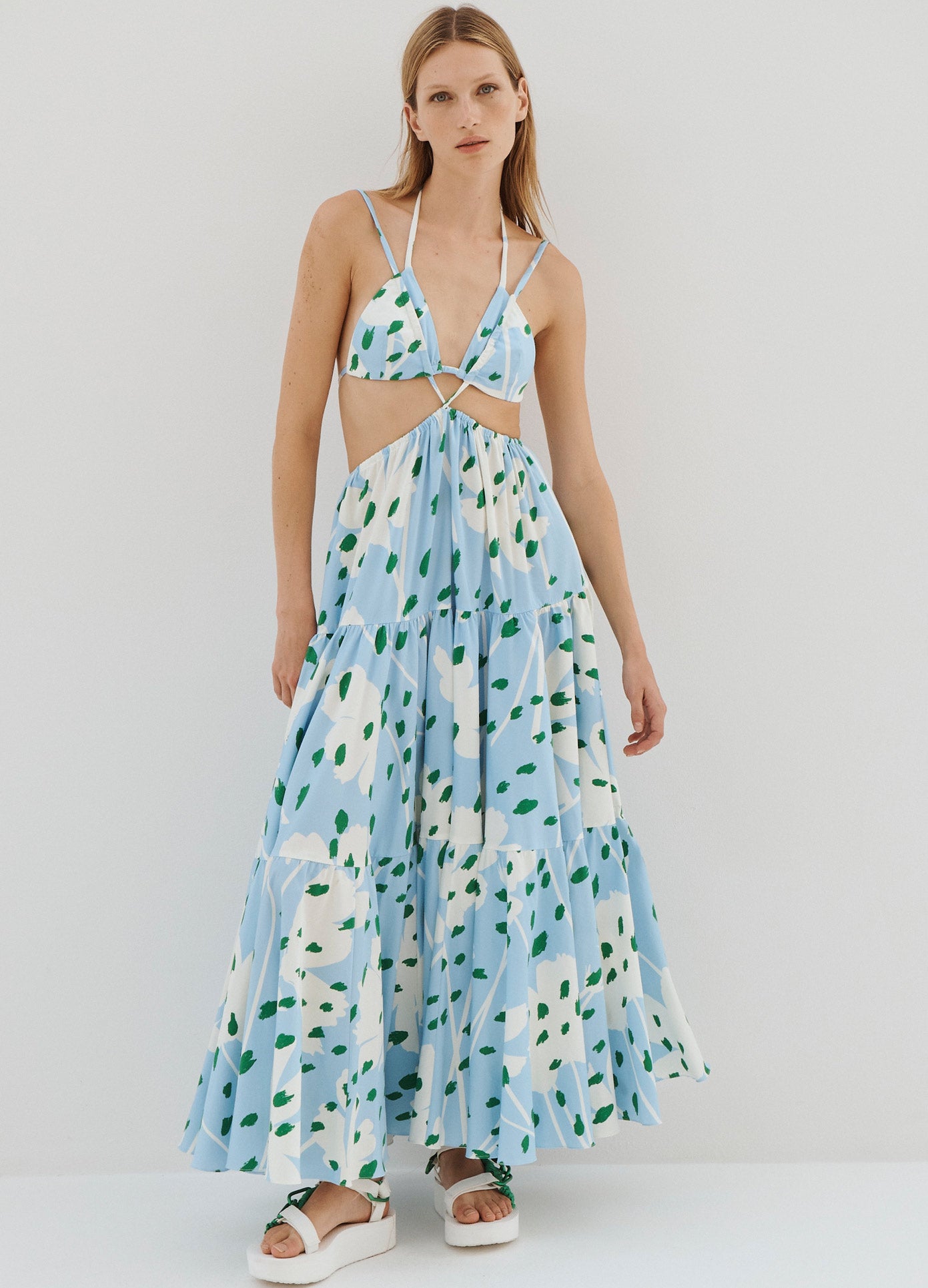 MONSE Floral Print Bra Detail Maxi Dress in Light Blue Multi on Model Full Front View