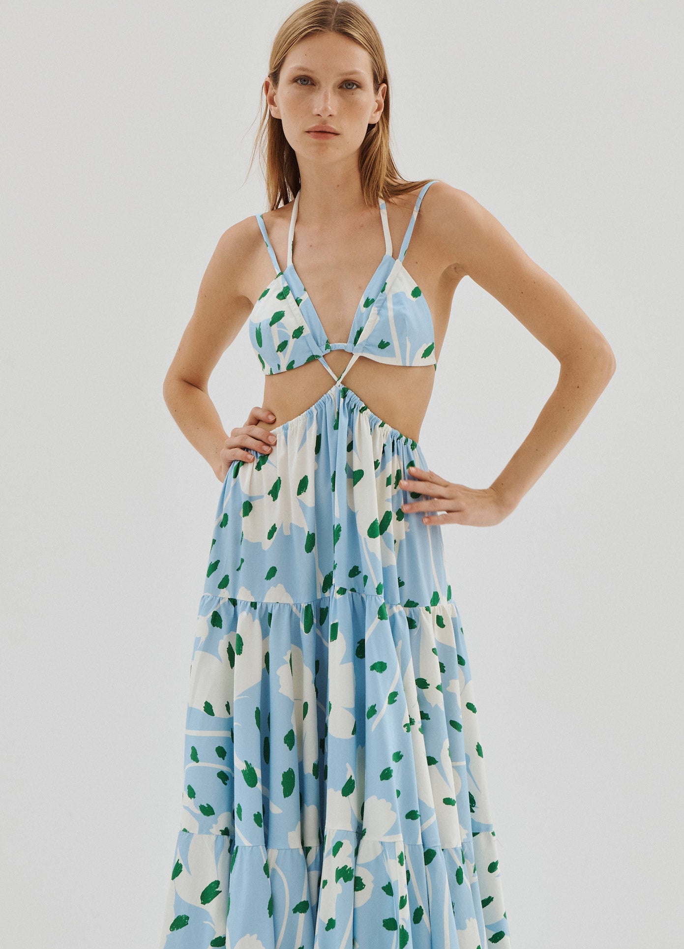 MONSE Floral Print Bra Detail Maxi Dress in Light Blue Multi on Model with Hands on Hips Front View