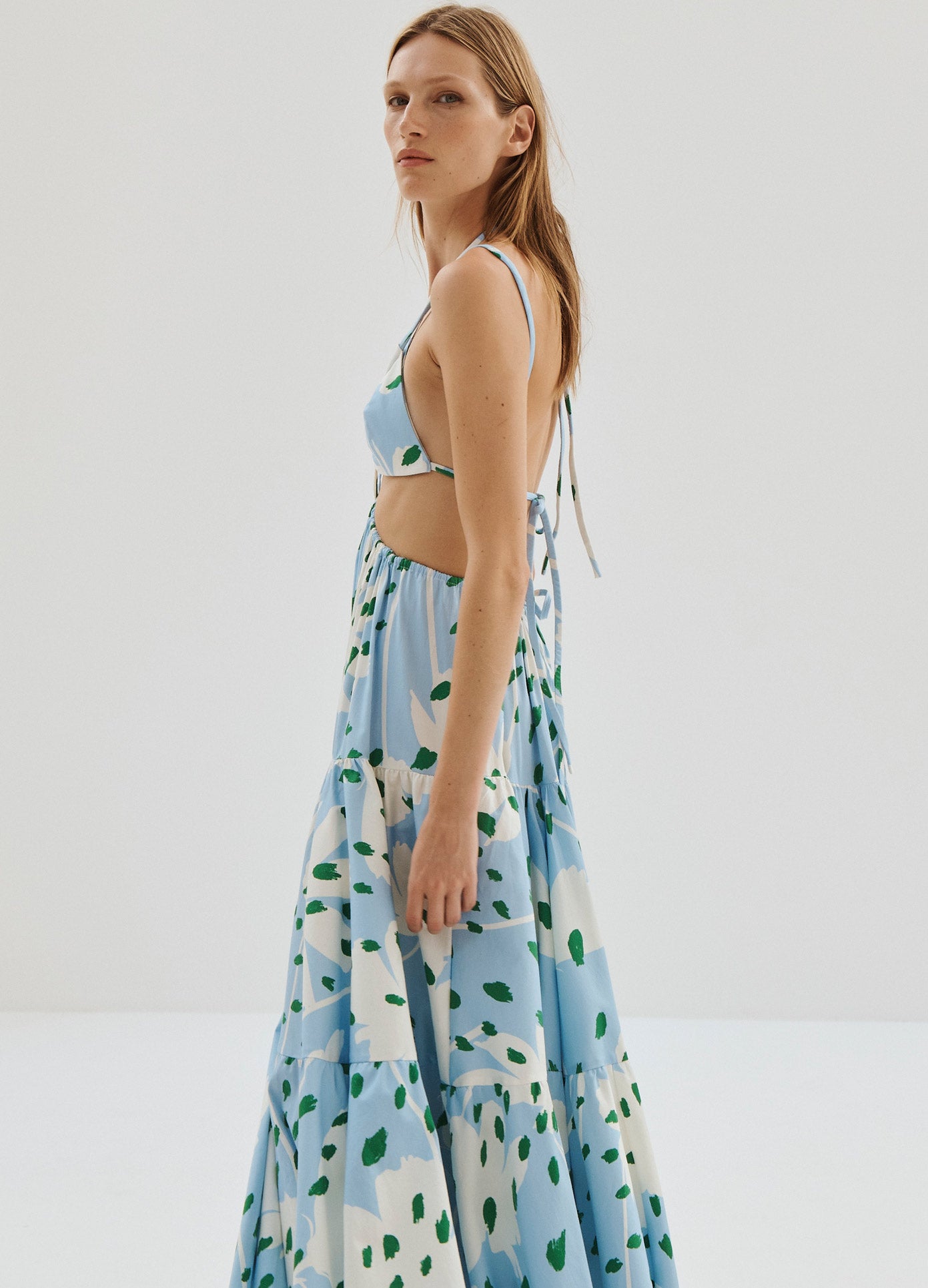MONSE Floral Print Bra Detail Maxi Dress in Light Blue Multi on Model Side View