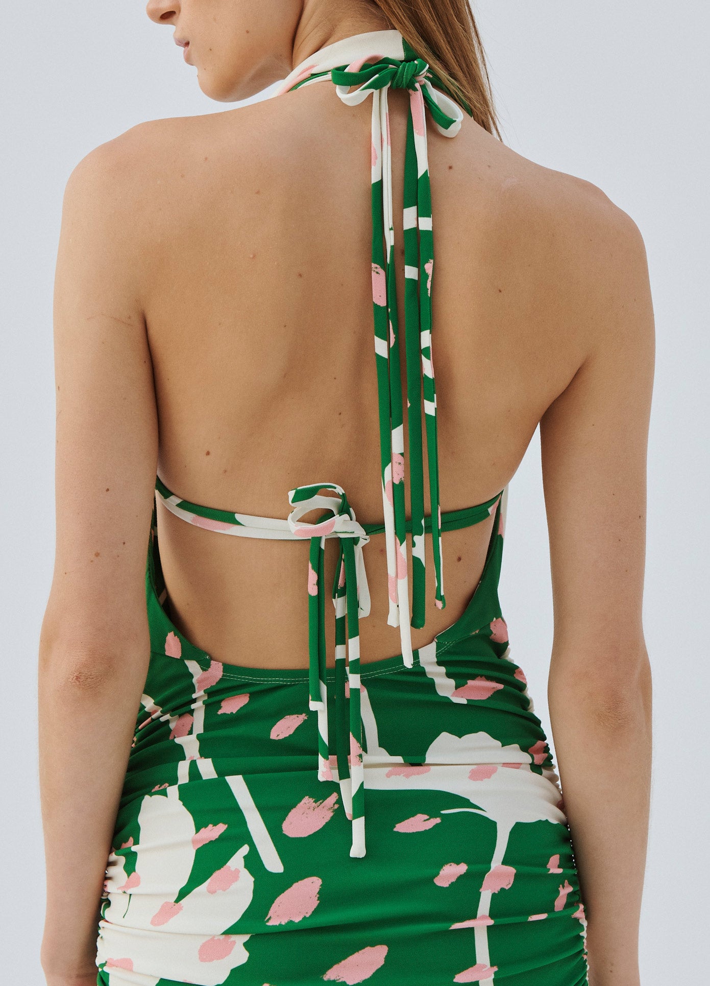 MONSE Floral Print Cowl Detail Mini Dress in Green Multi on Model Back Detail View