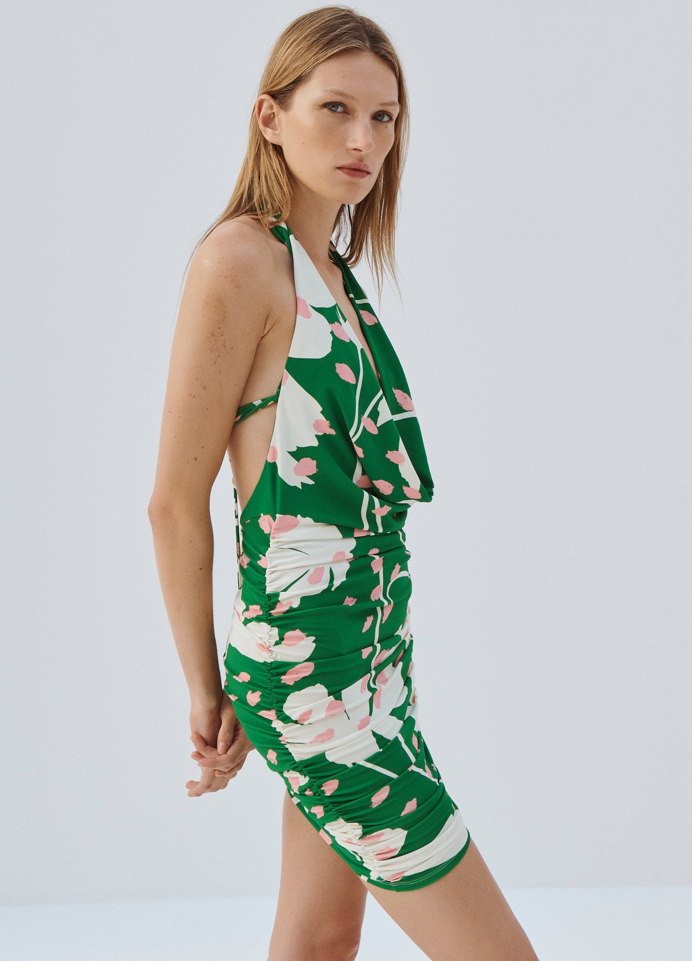 MONSE Floral Print Cowl Detail Mini Dress in Green Multi on Model Side View
