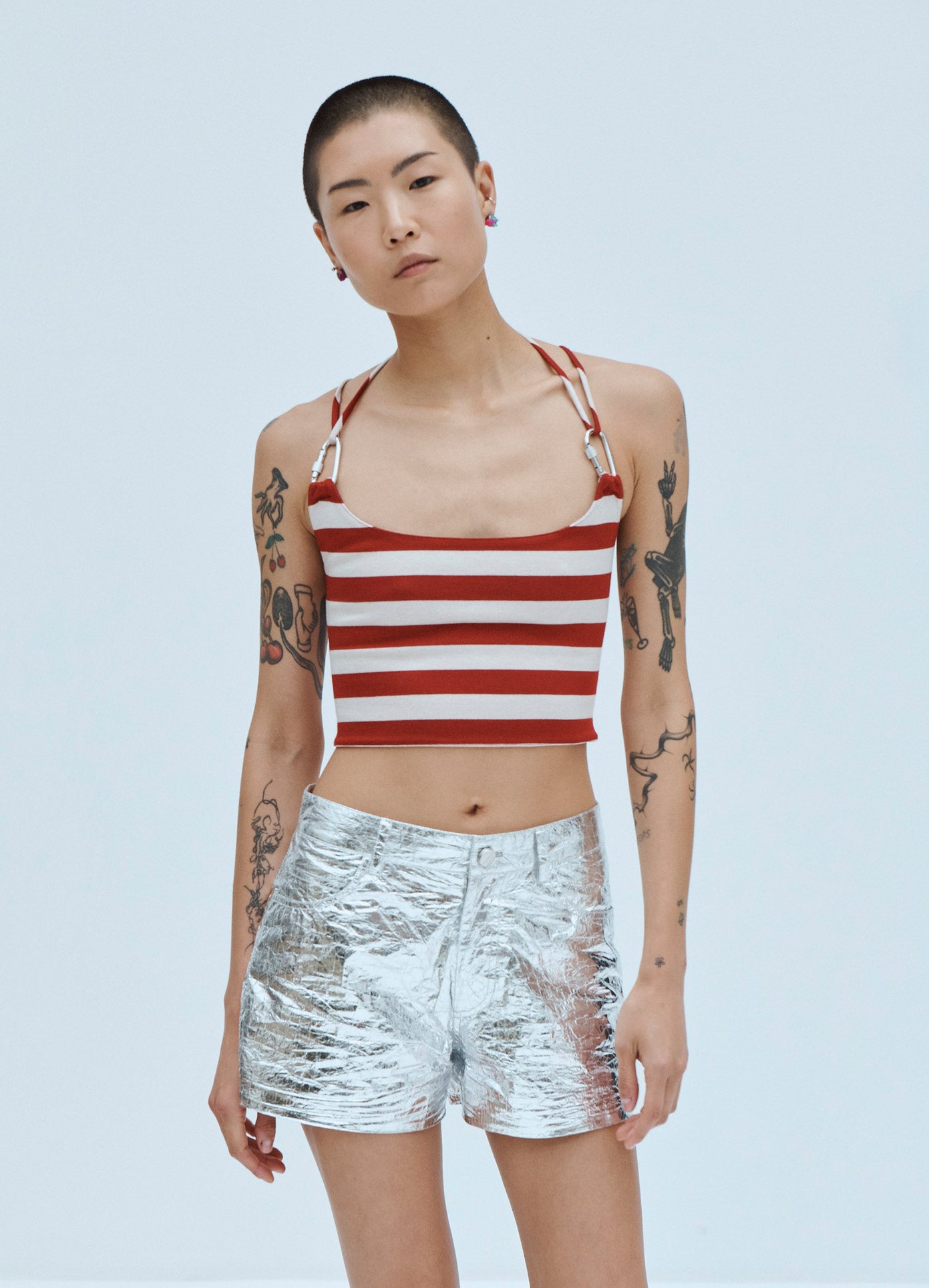 MONSE Foil Tyvek Mini Shorts in Silver on Model Front View