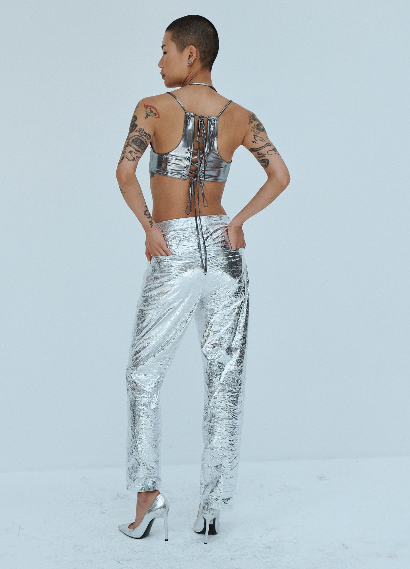 MONSE Foil Tyvek Pant in Silver on Model Back View