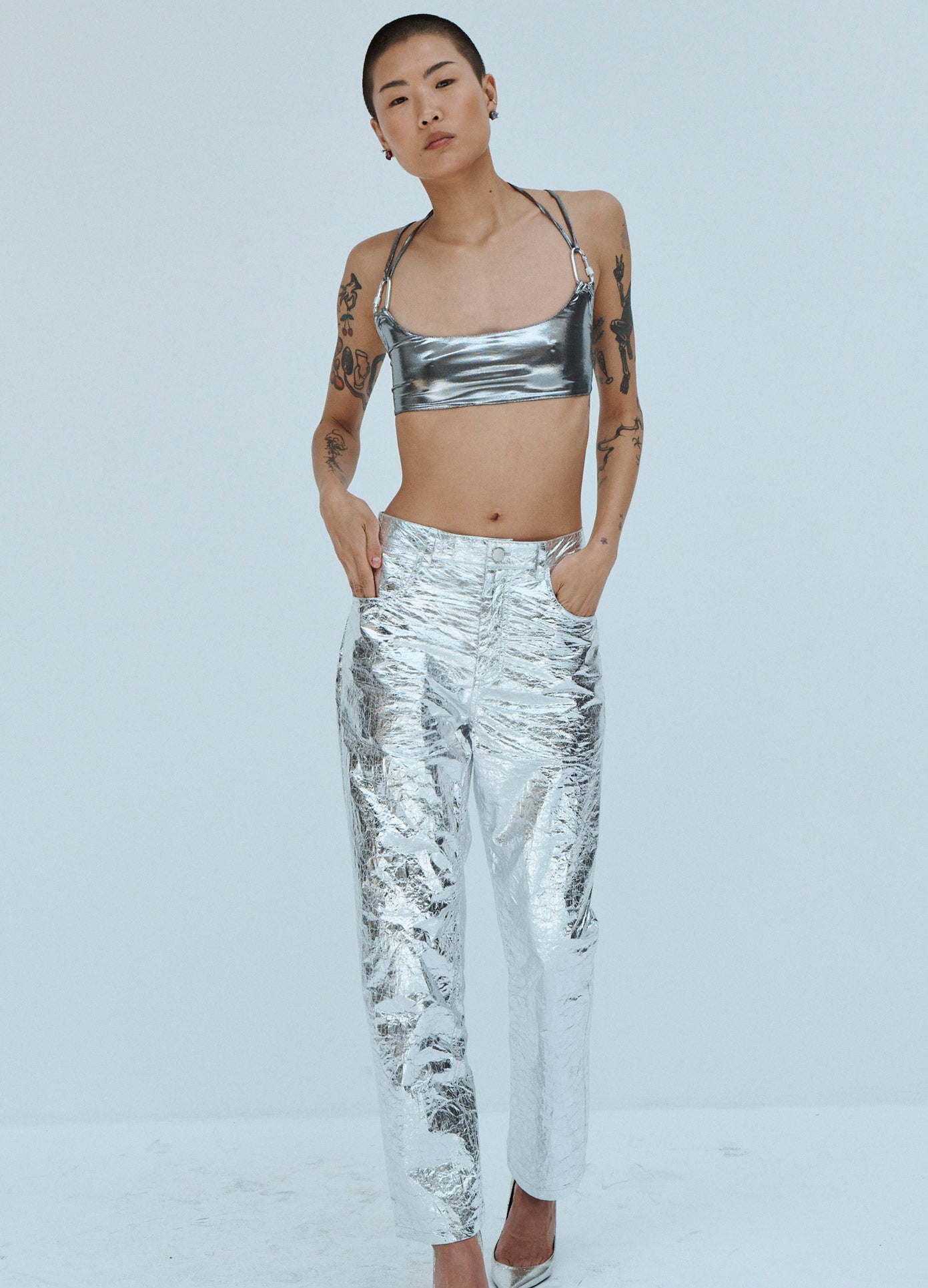MONSE Foil Tyvek Pant in Silver on Model Front View