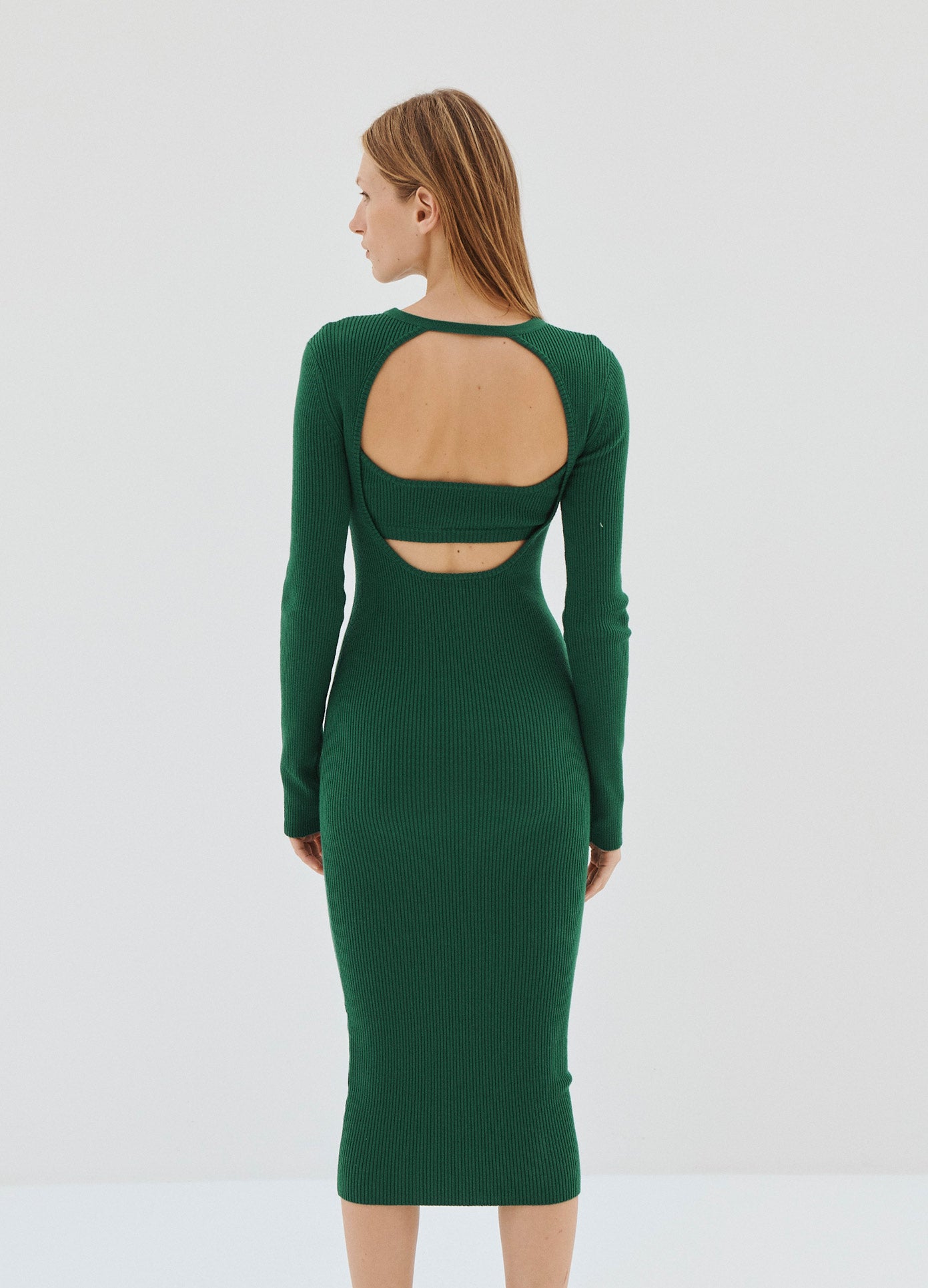 MONSE Front Cut Out Tie Detail Knit Dress in Dark Green on Model Back View