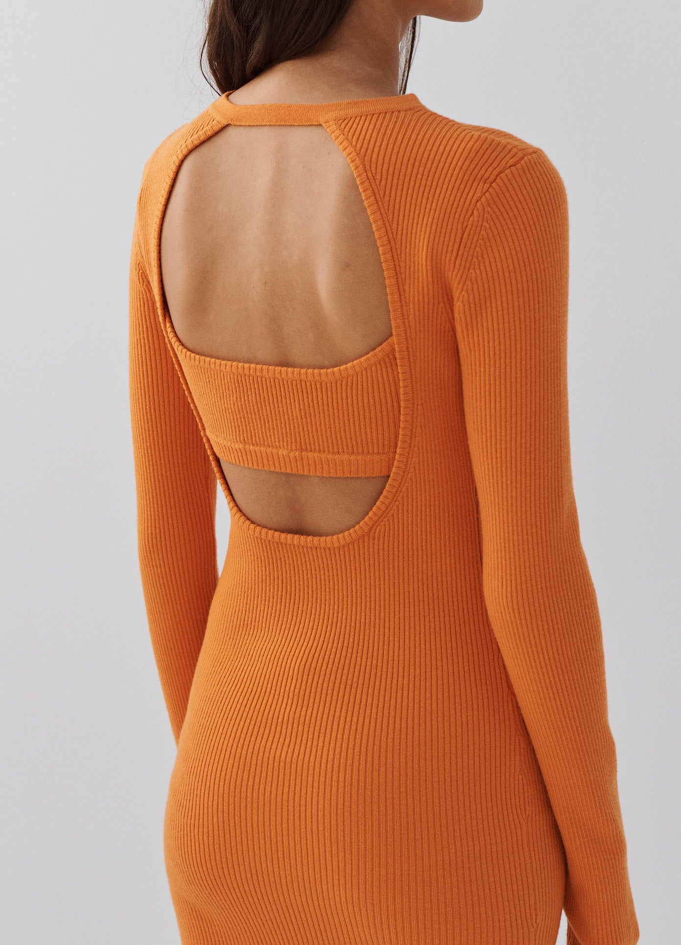 MONSE Front Cut Out Tie Detail Mini Knit Dress in Orange on Model Back Detail View