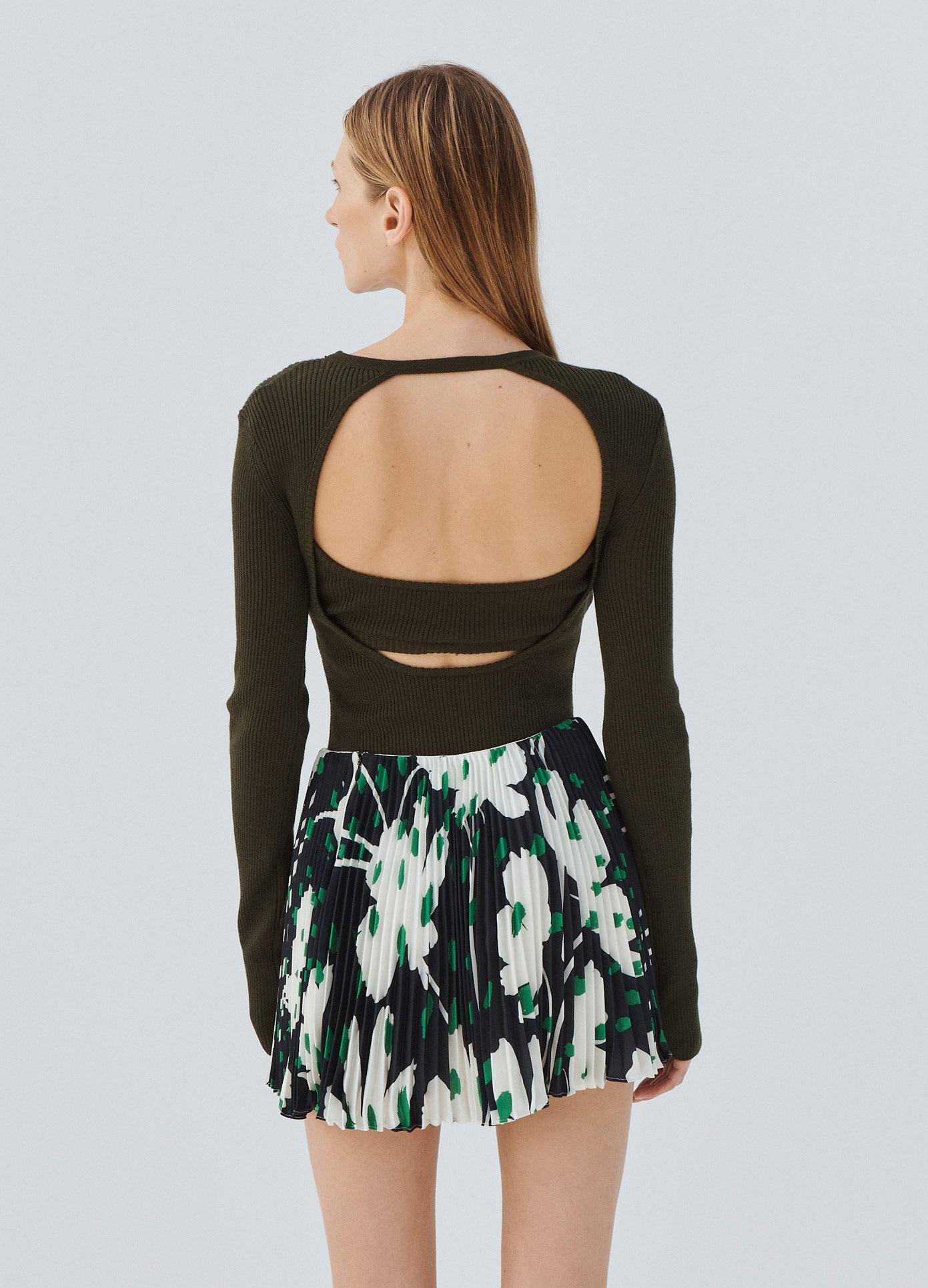 MONSE Front Cut Out Tie Detail Sweater in Olive on Model Back View