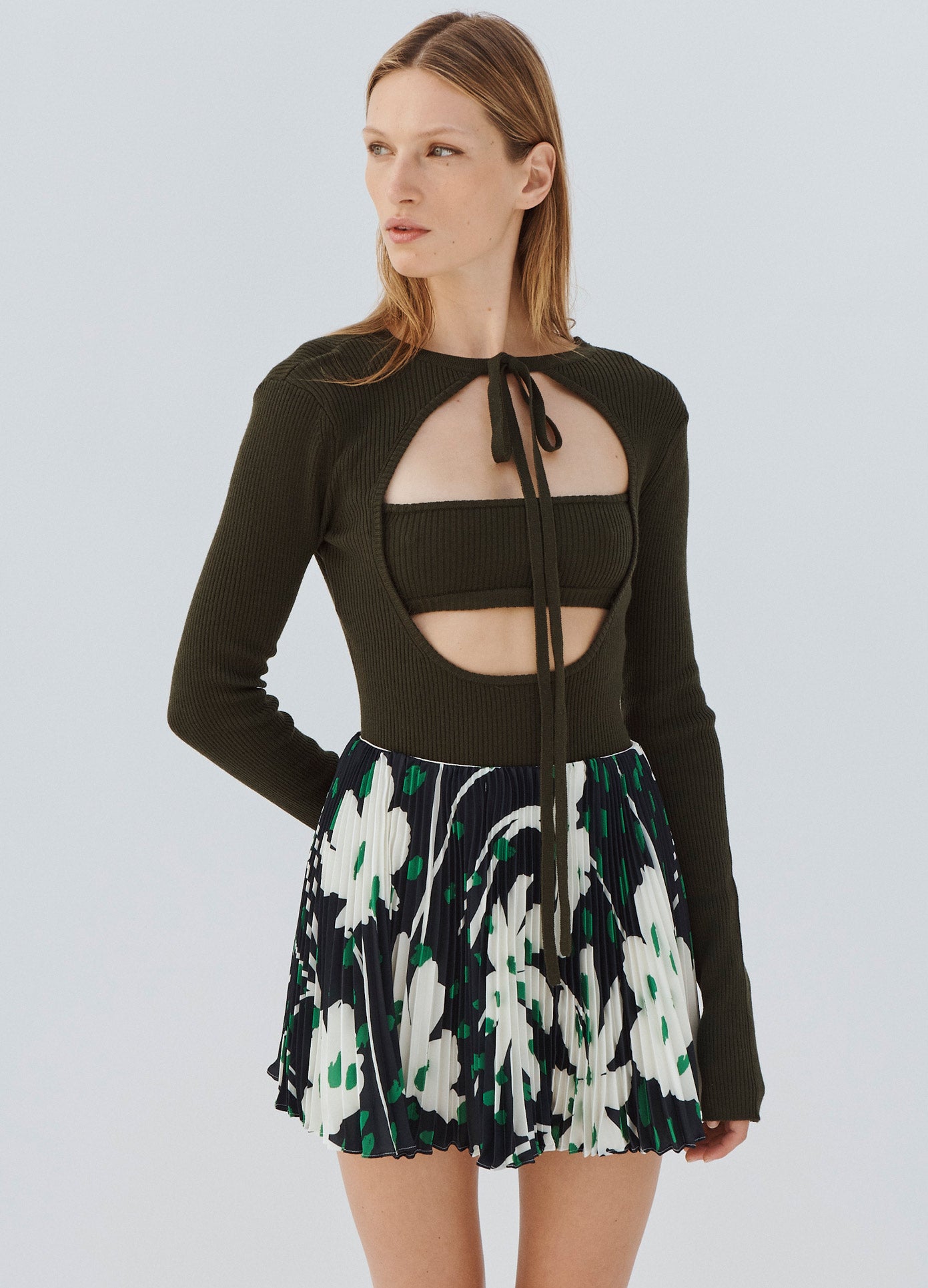 MONSE Front Cut Out Tie Detail Sweater in Olive on Model Front View