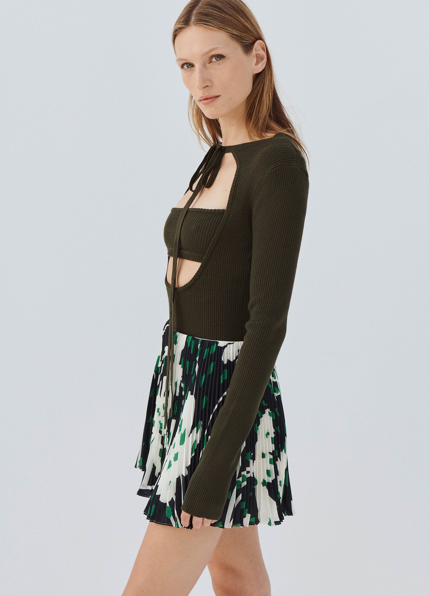 MONSE Front Cut Out Tie Detail Sweater in Olive on Model Side View