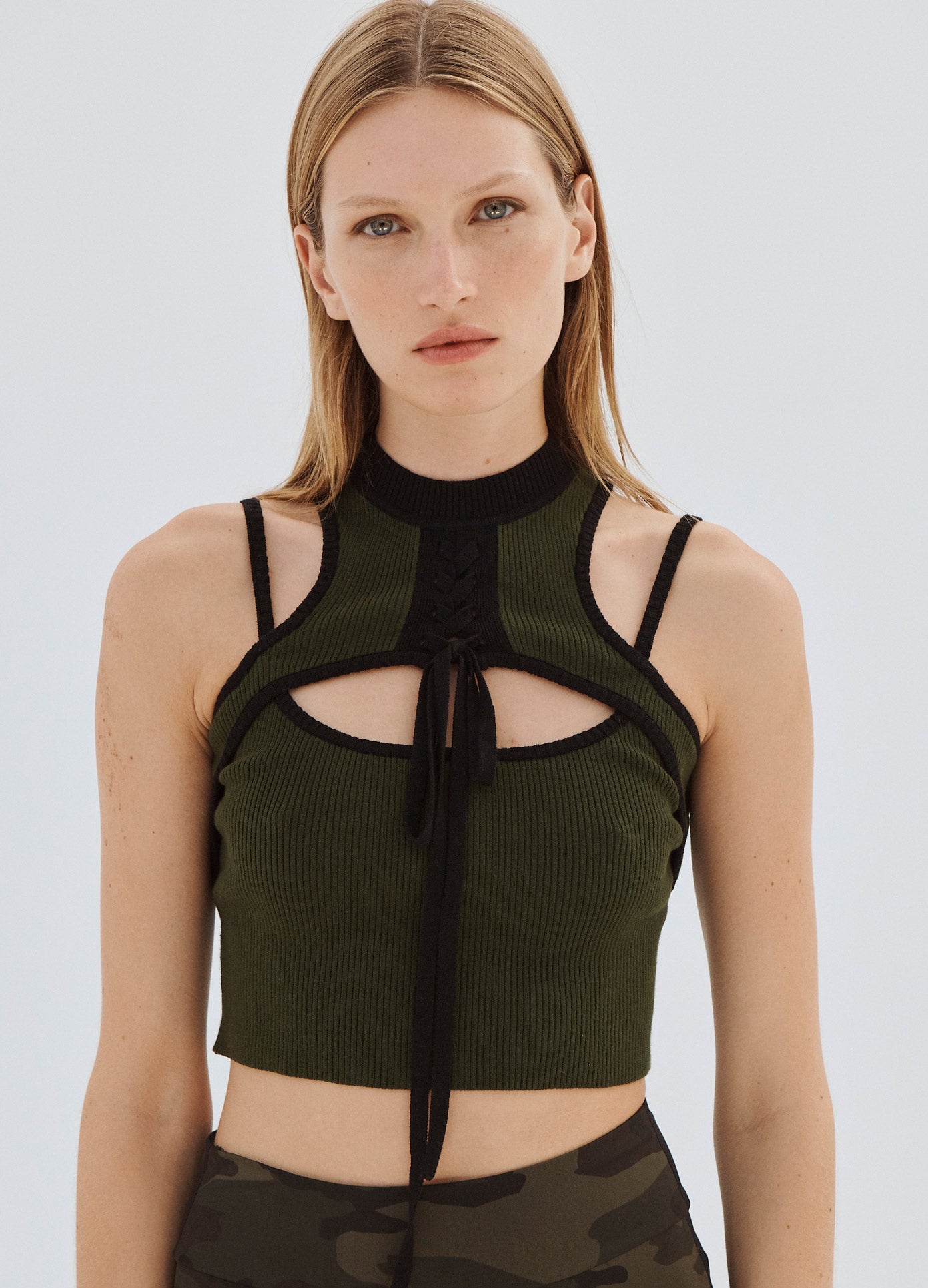 MONSE Halter Neck Knit Top in Olive on Model Front Detail View