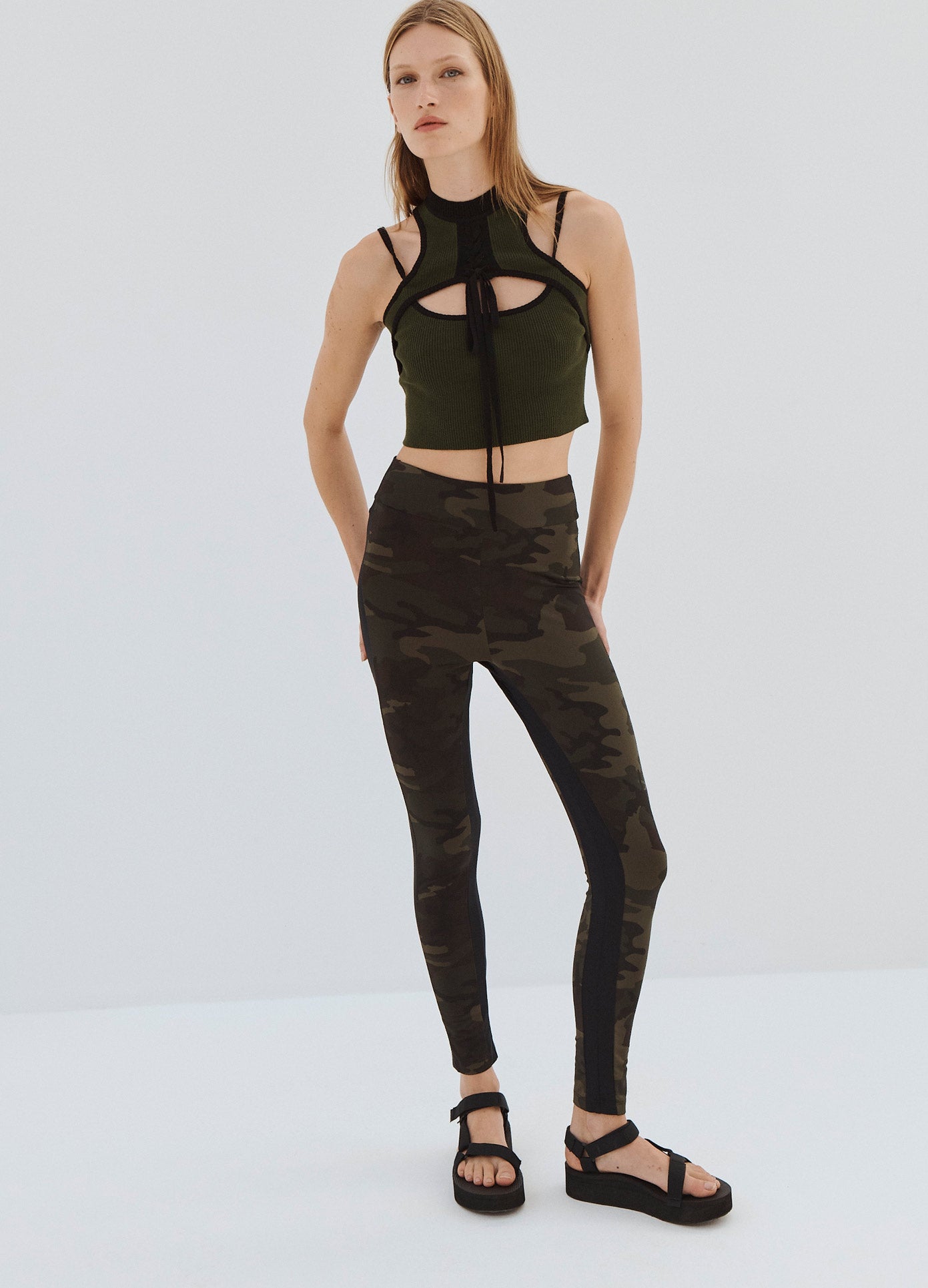 MONSE Halter Neck Knit Top in Olive on Model Full Front View