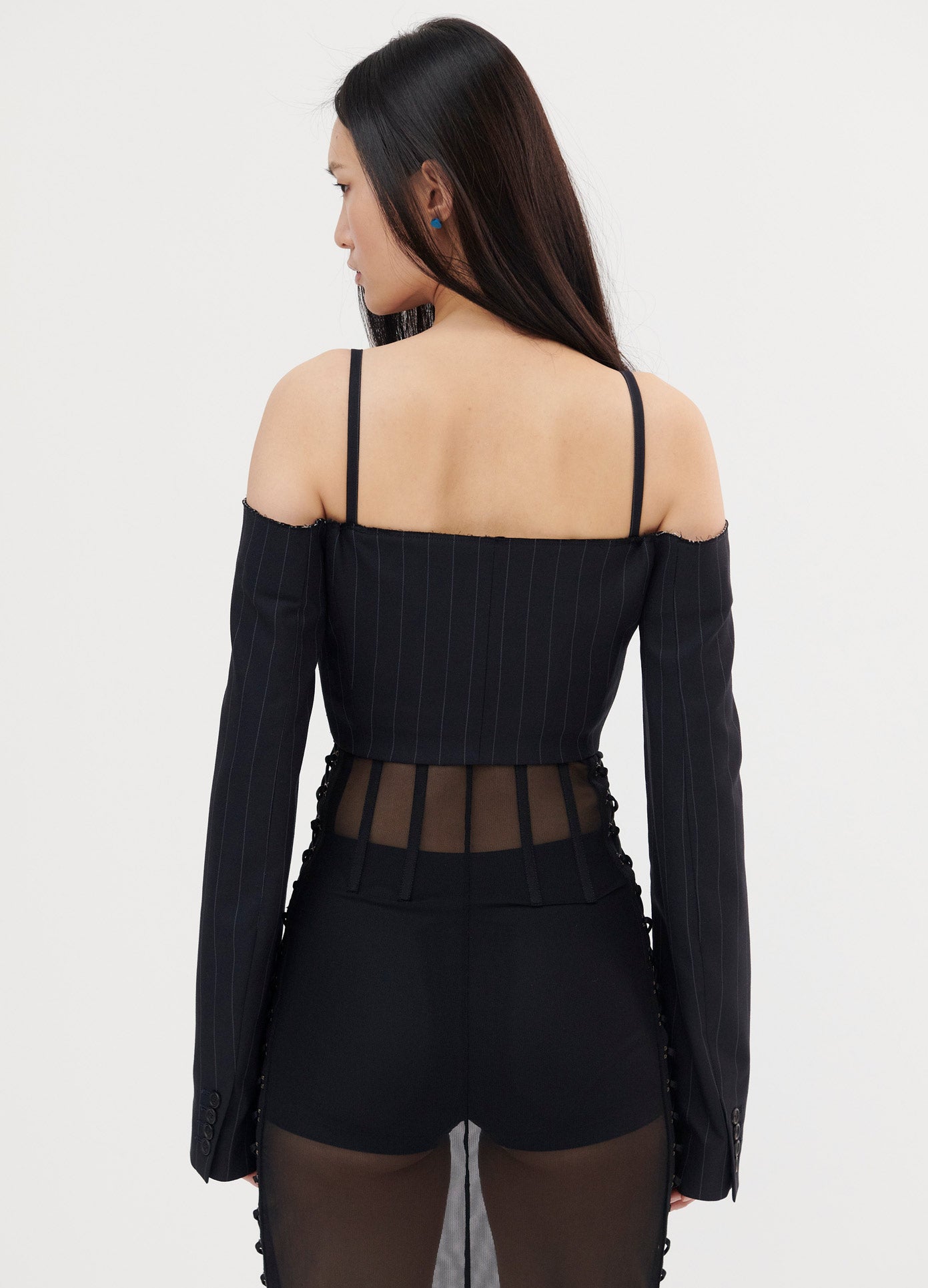 MONSE High Waisted Mesh Skirt in Black on Model Back View