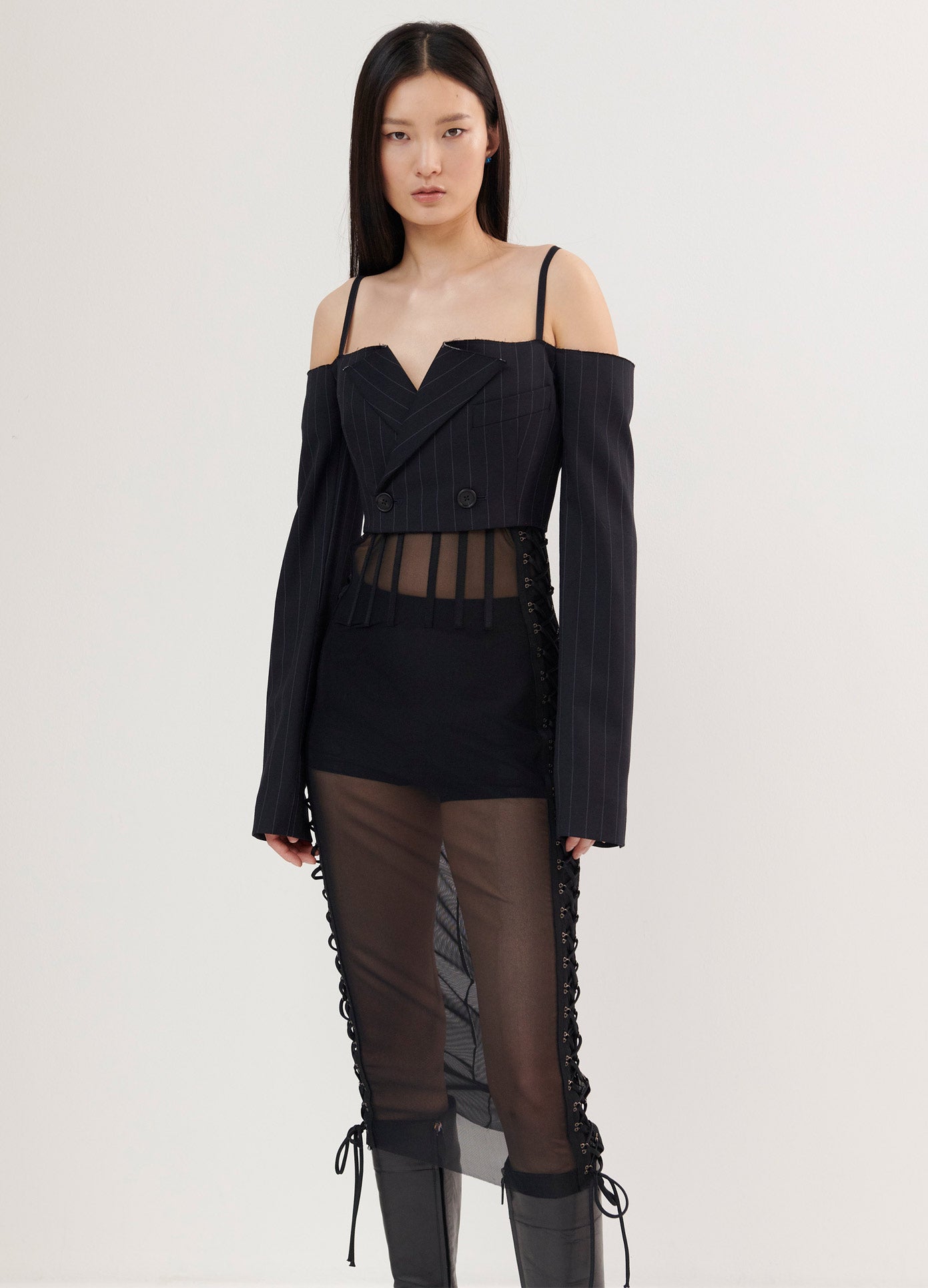 MONSE High Waisted Mesh Skirt in Black on Model Front View
