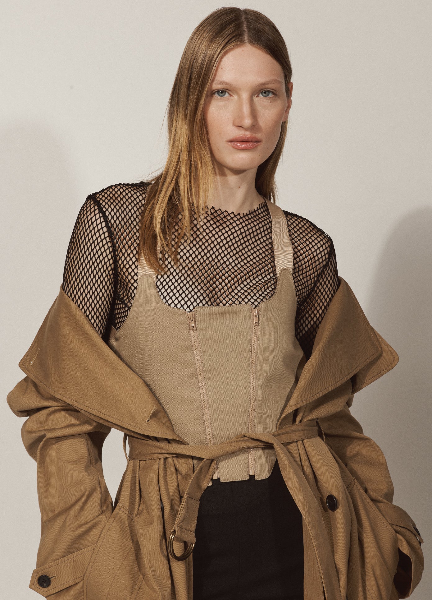 MONSE Hole Mesh Top in Black on Model Lookbook Front Detail View