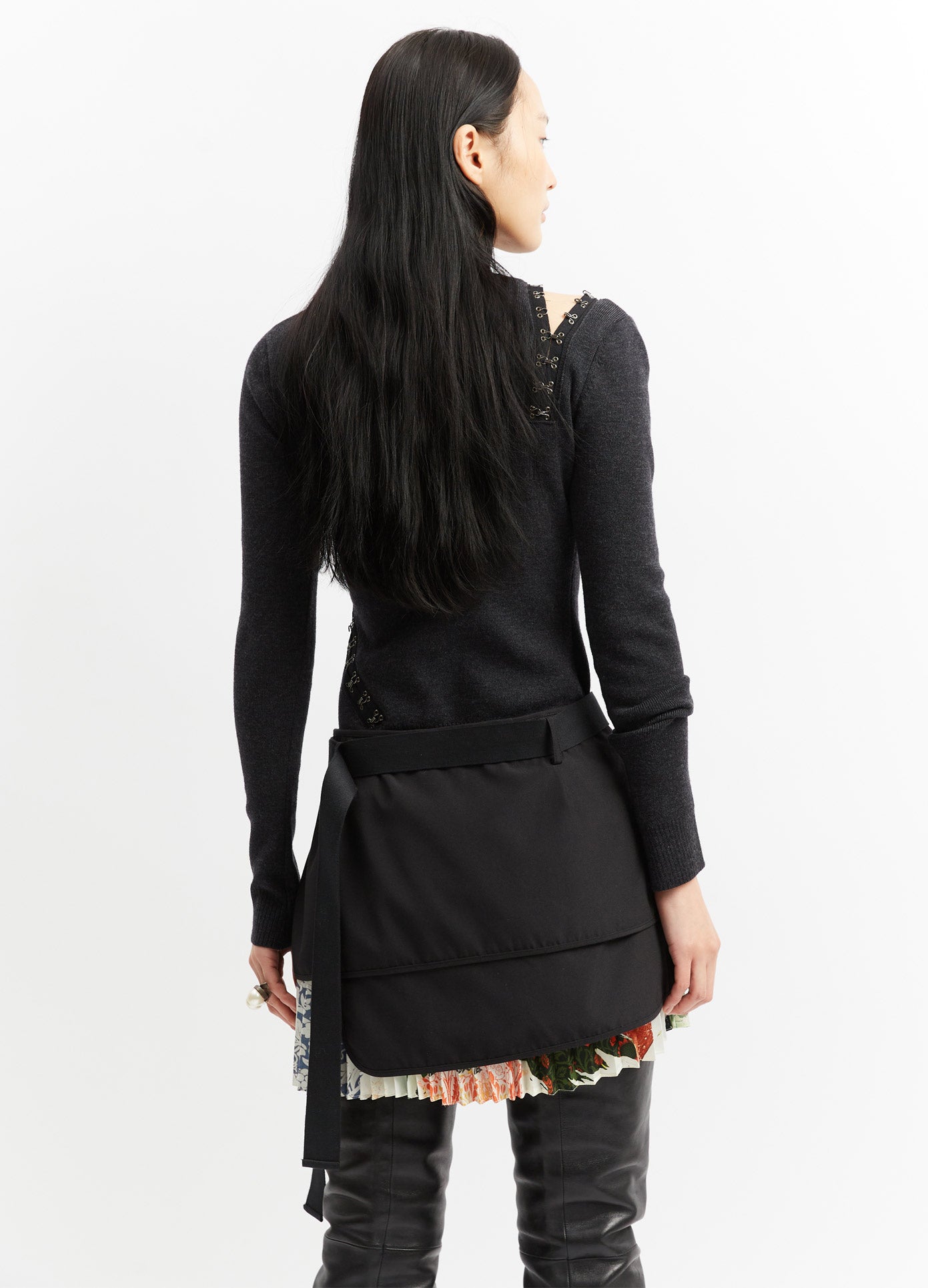 MONSE Hook and Eye Fitted Knit Top in Charcoal on Model Back Detail View
