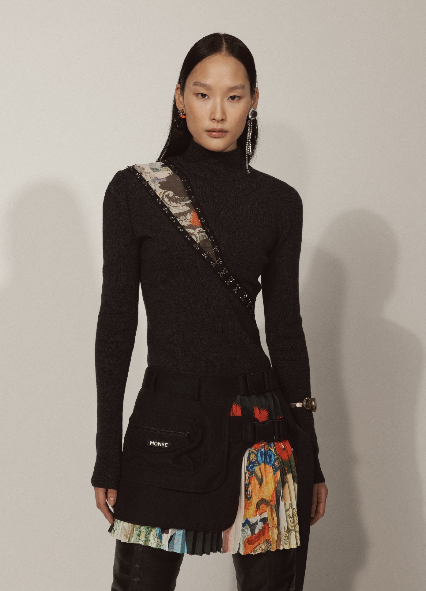 MONSE Hook and Eye Fitted Knit Top in Charcoal on Model Front Detail View