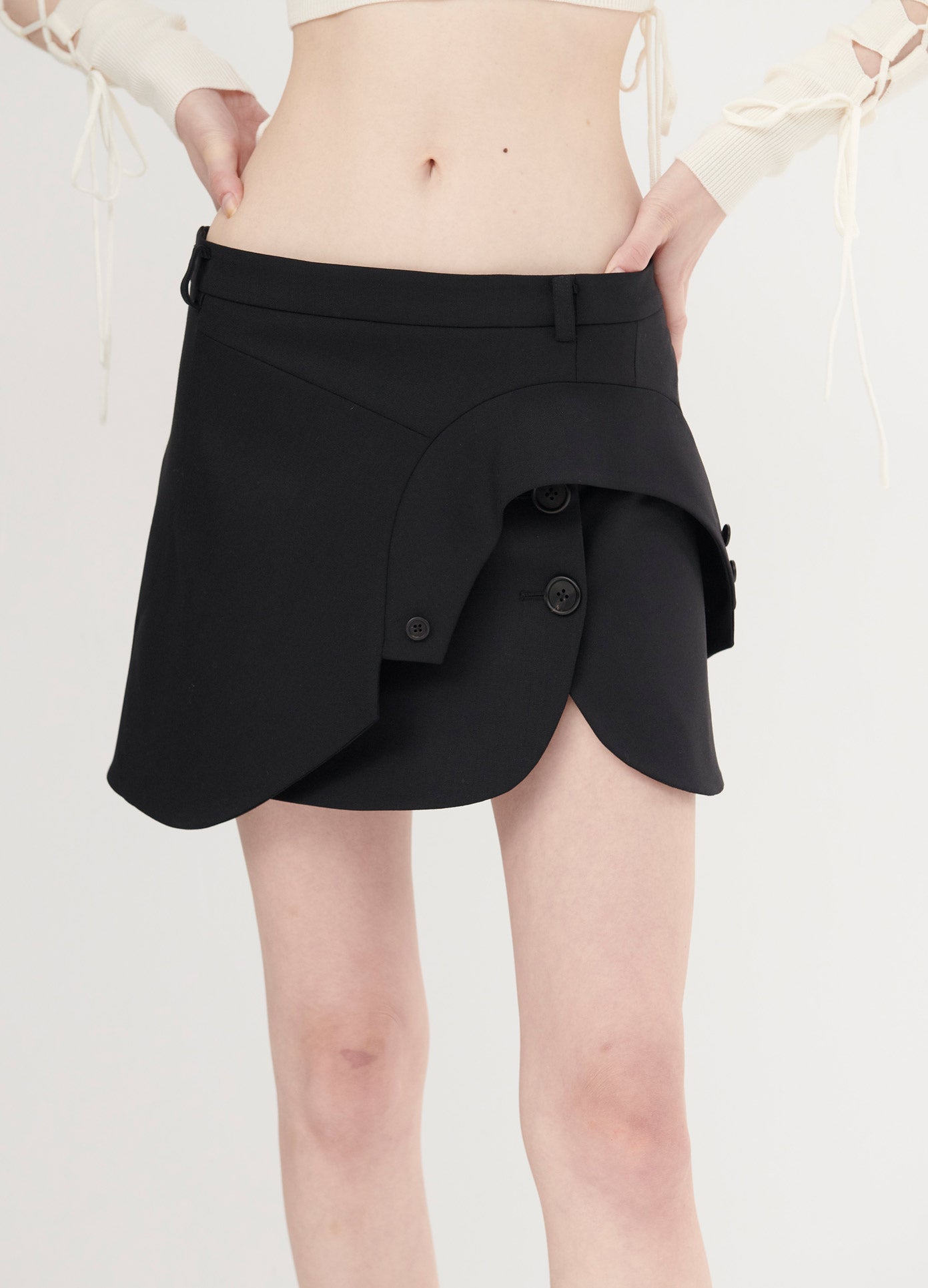 MONSE Jacket Detail Mini Skirt in Black on Model Front Detail View