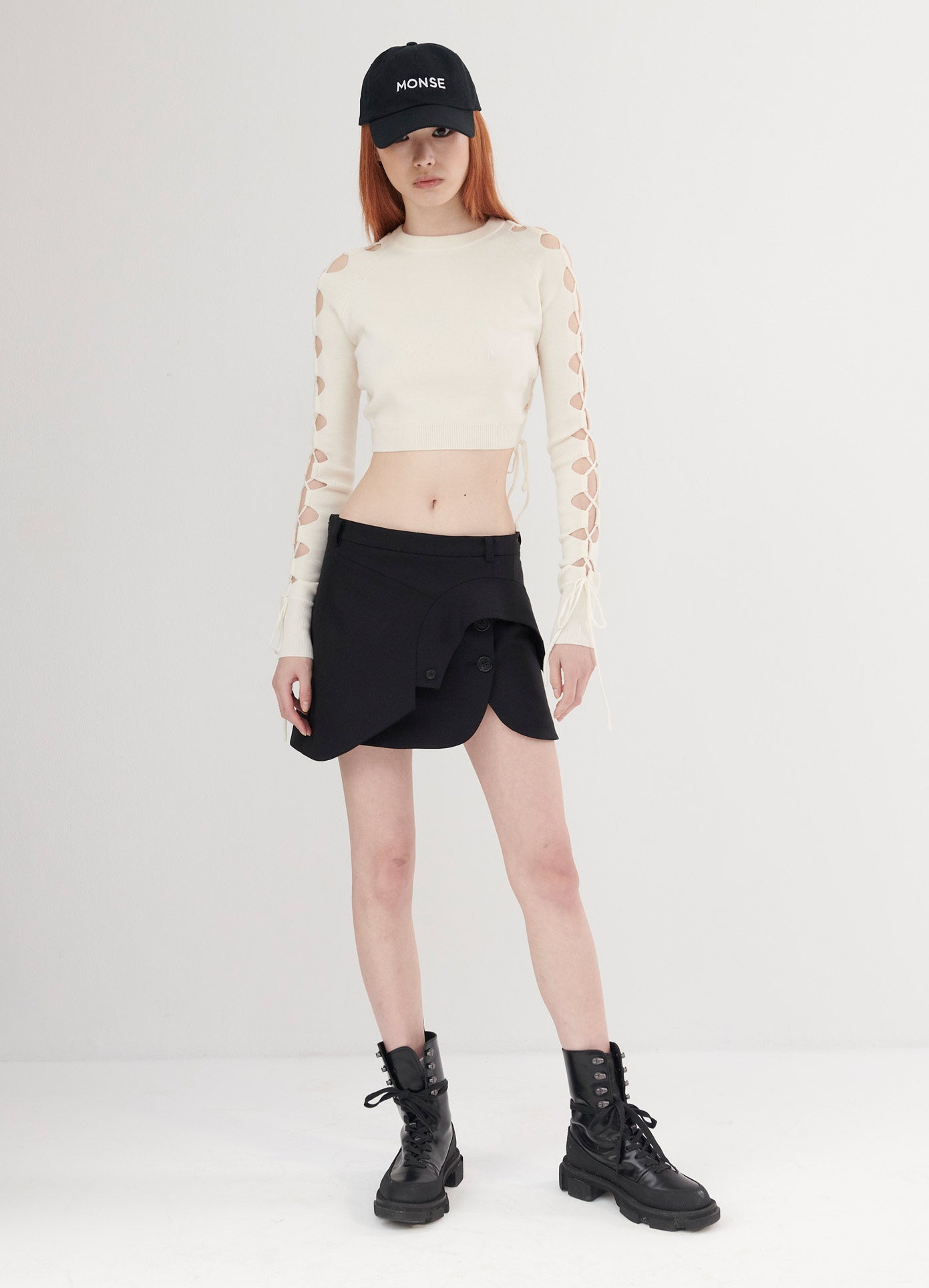 MONSE Jacket Detail Mini Skirt in Black on Model Front View