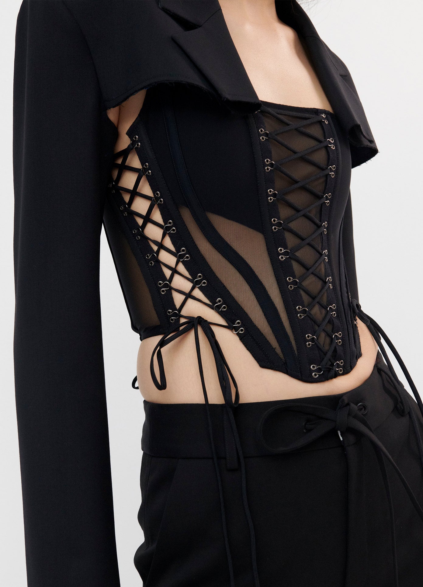 MONSE Laced Bustier in Black on Model Front Detail View