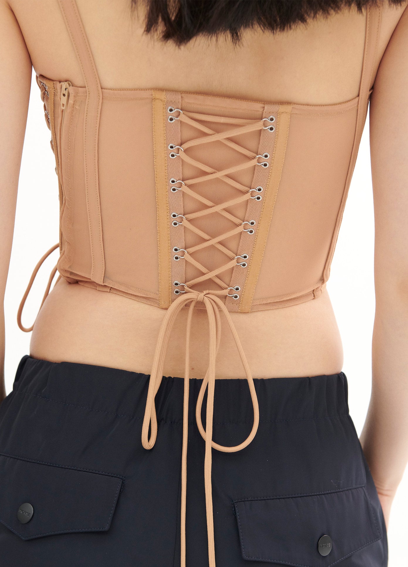 MONSE Laced Bustier in Tan on Model Back Detail View