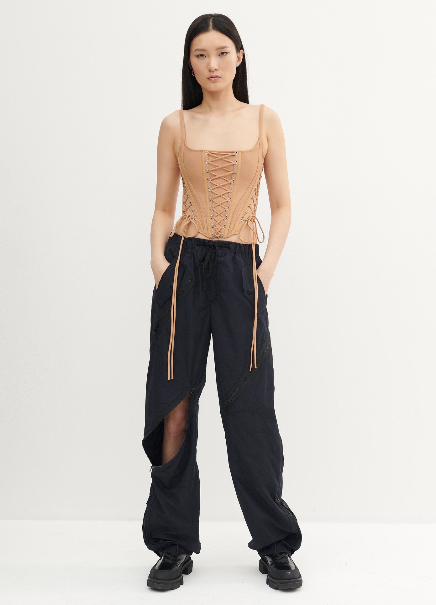 MONSE Laced Bustier in Tan on Model Full Front View