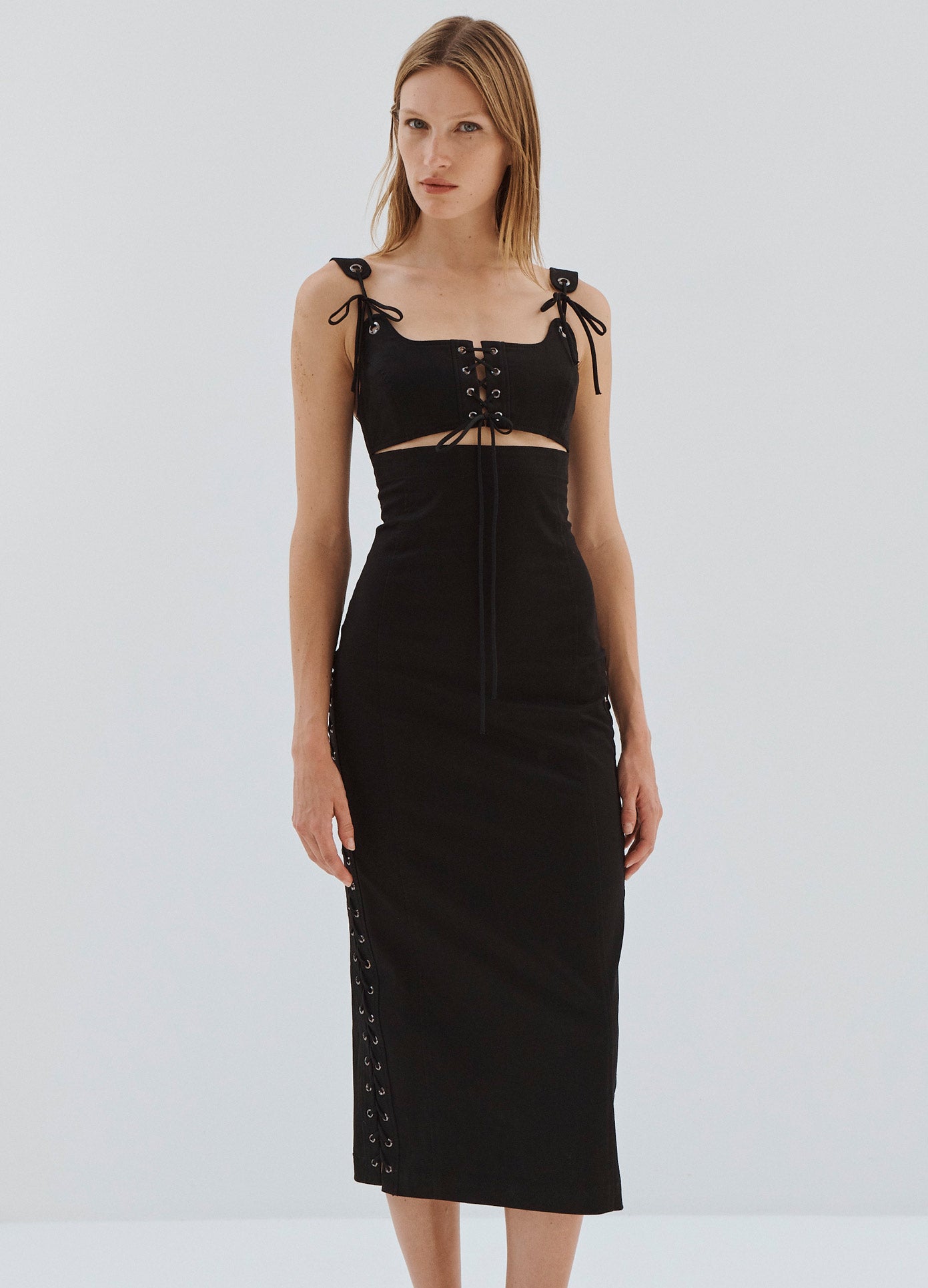 MONSE Laced Detail Dress in Black on Model Front View