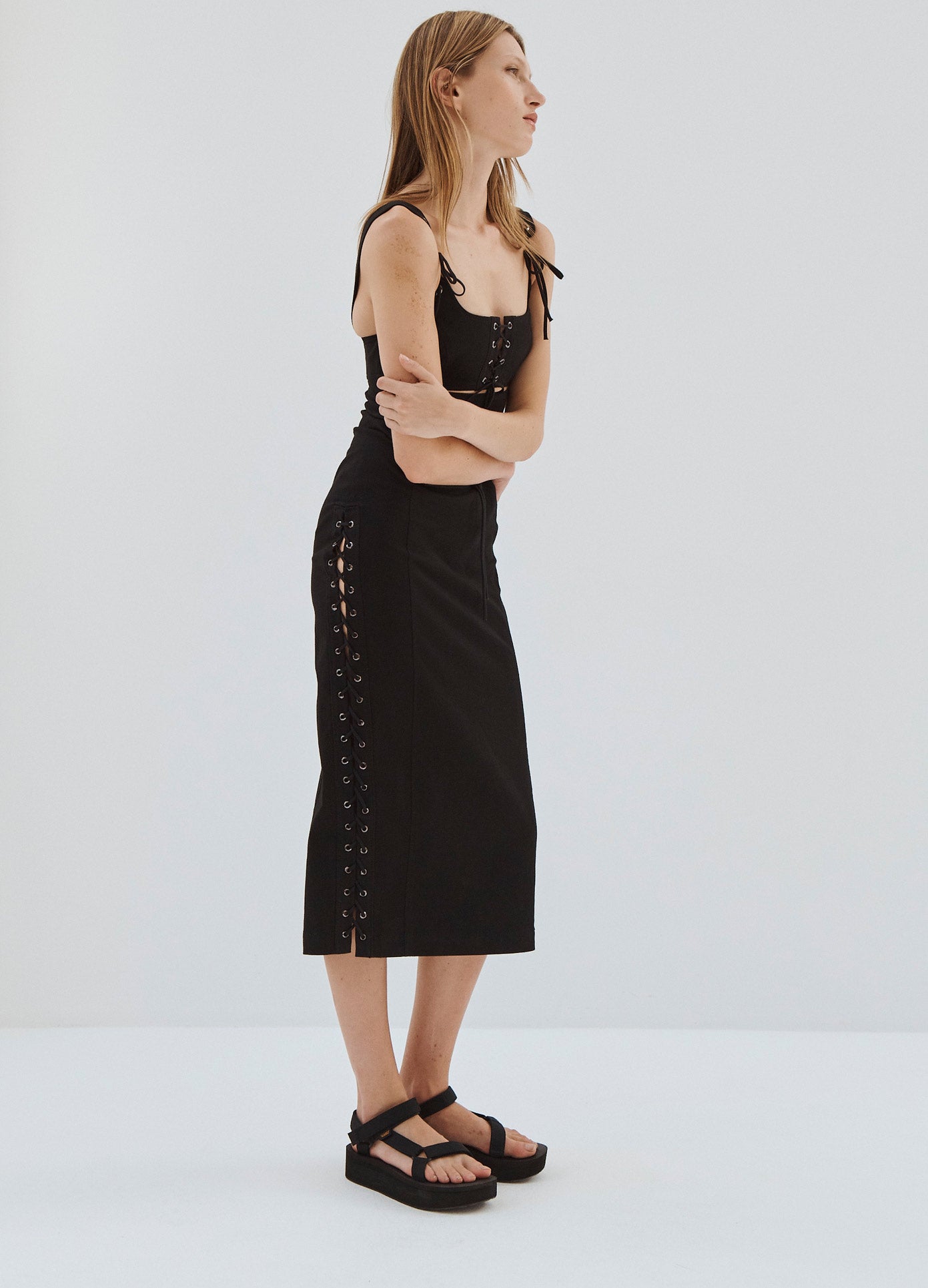 MONSE Laced Detail Dress in Black on Model Side View