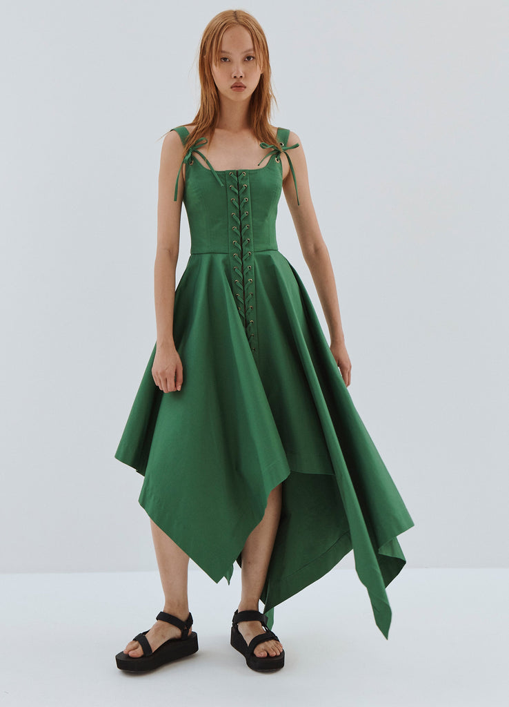Laced Front Sleeveless Dress in Green