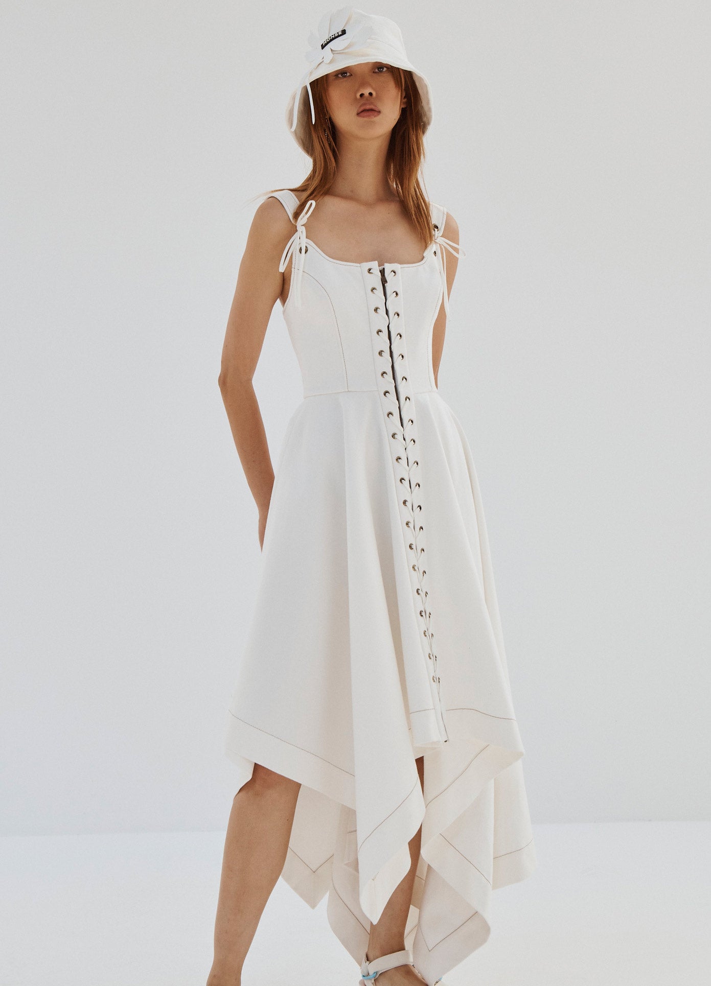 MONSE Laced Front Sleeveless Denim Dress in White on Model Full Front View