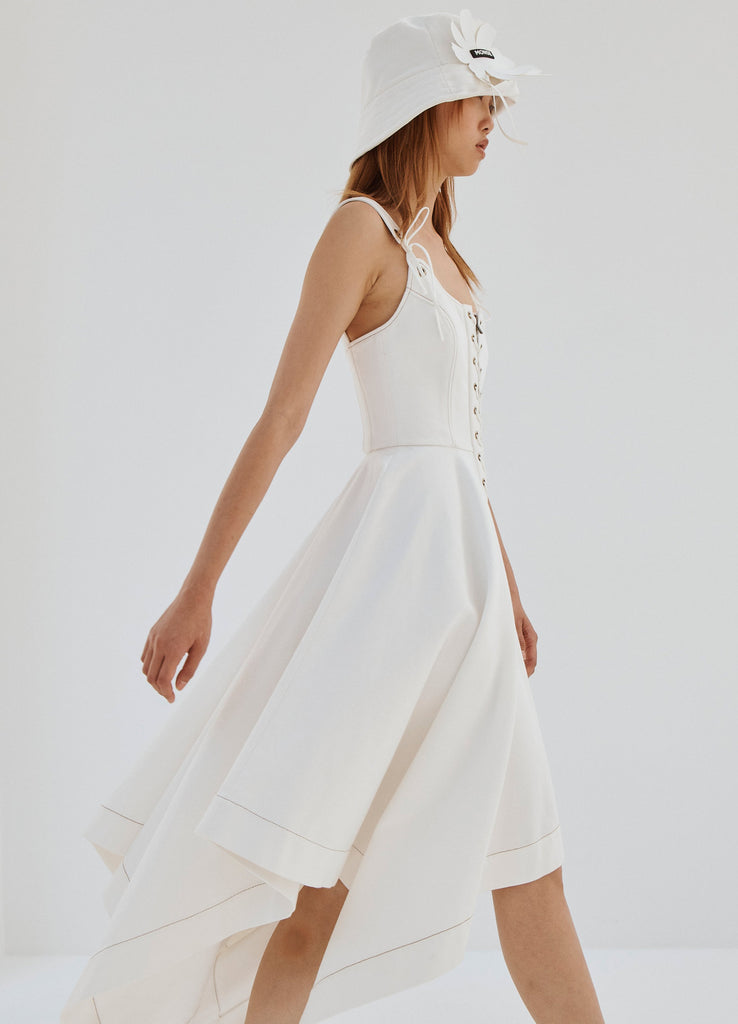 Piper Button Down Denim Dress — White | DECJUBA