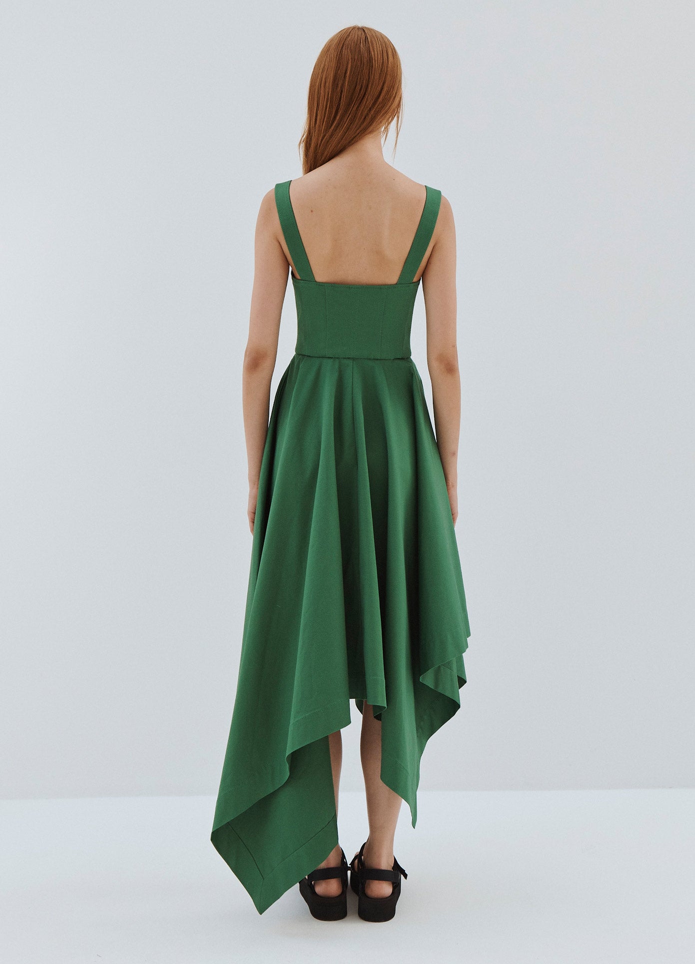 MONSE Laced Front Sleeveless Dress in Green on Model Full Back View