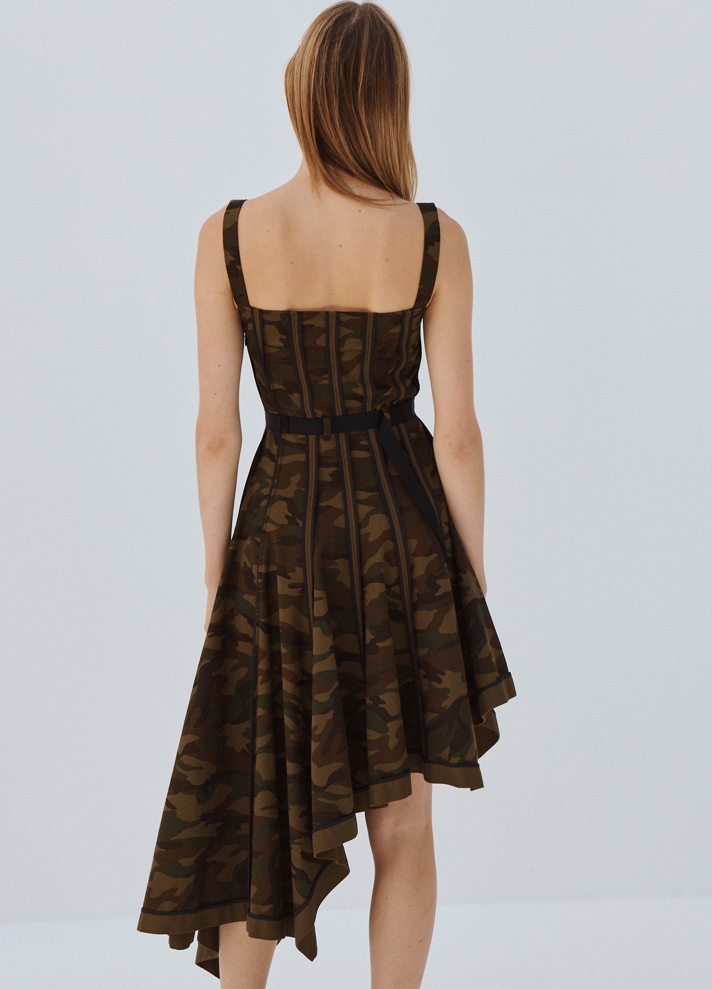 MONSE Laced Up Binding Coat Dress in Camo Print on Model Back View