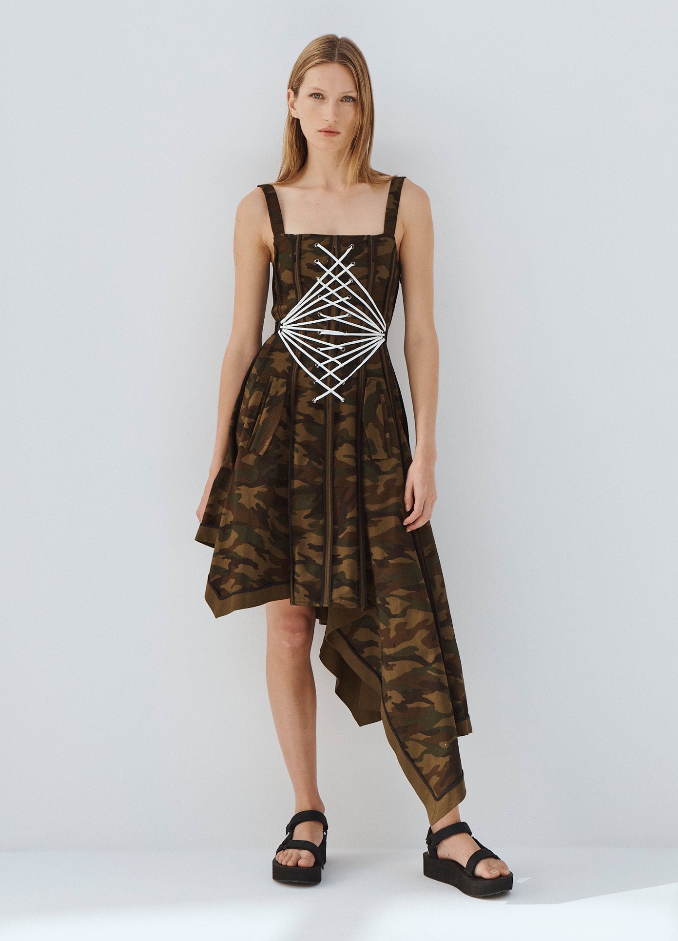 MONSE Laced Up Binding Coat Dress in Camo Print on Model Full Front View