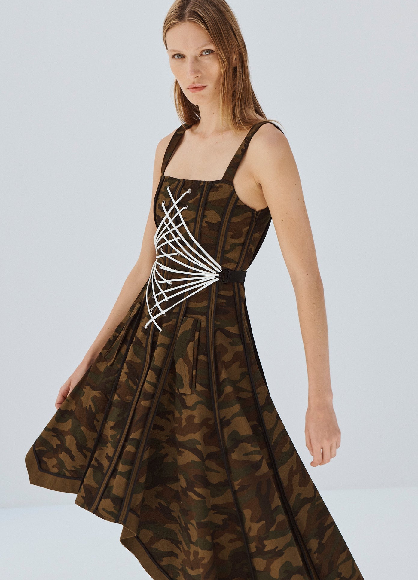 MONSE Laced Up Binding Coat Dress in Camo Print on Model Side View