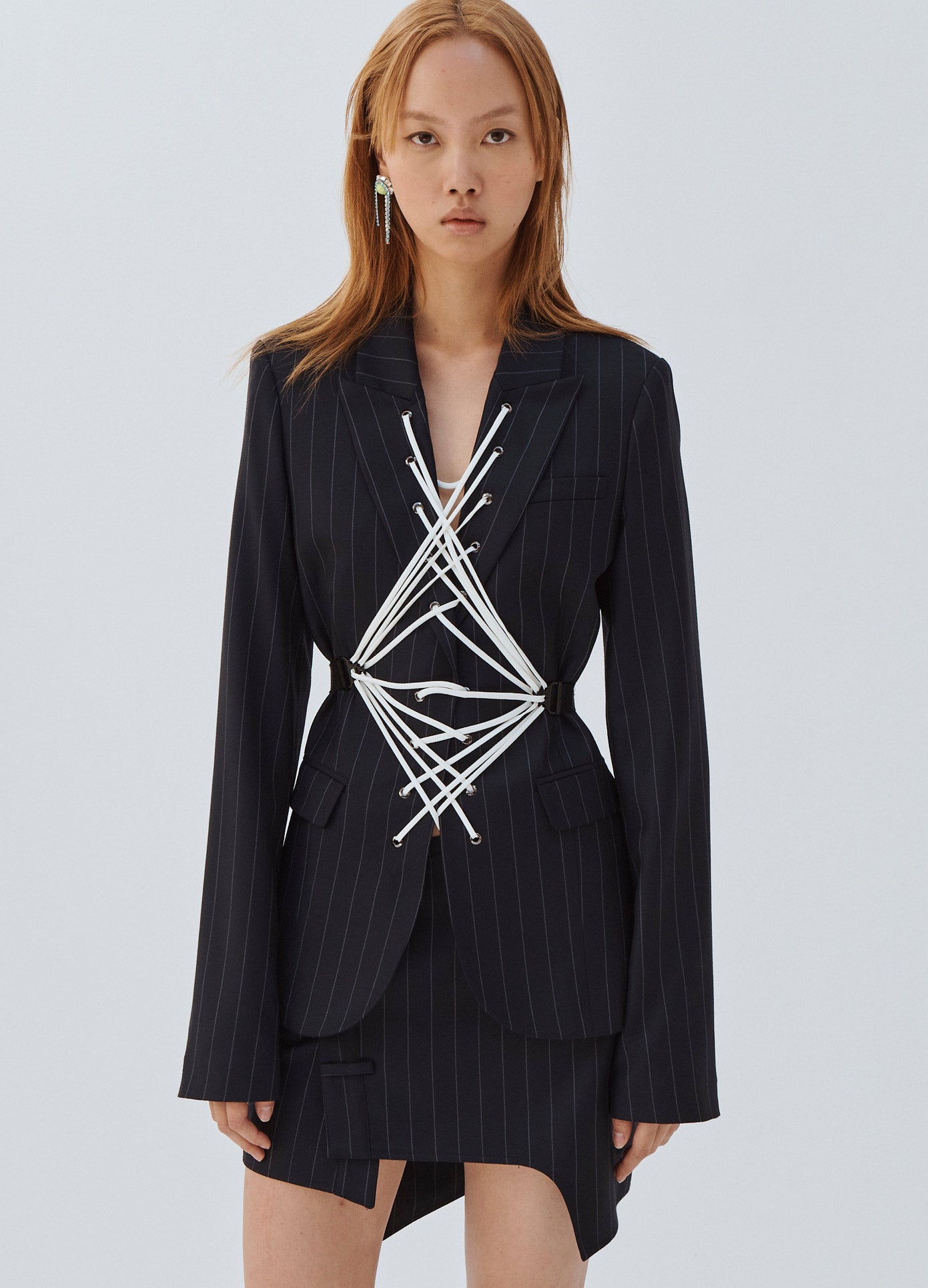 MONSE Laced Up Blazer in Midnight on Model Detailed Front View