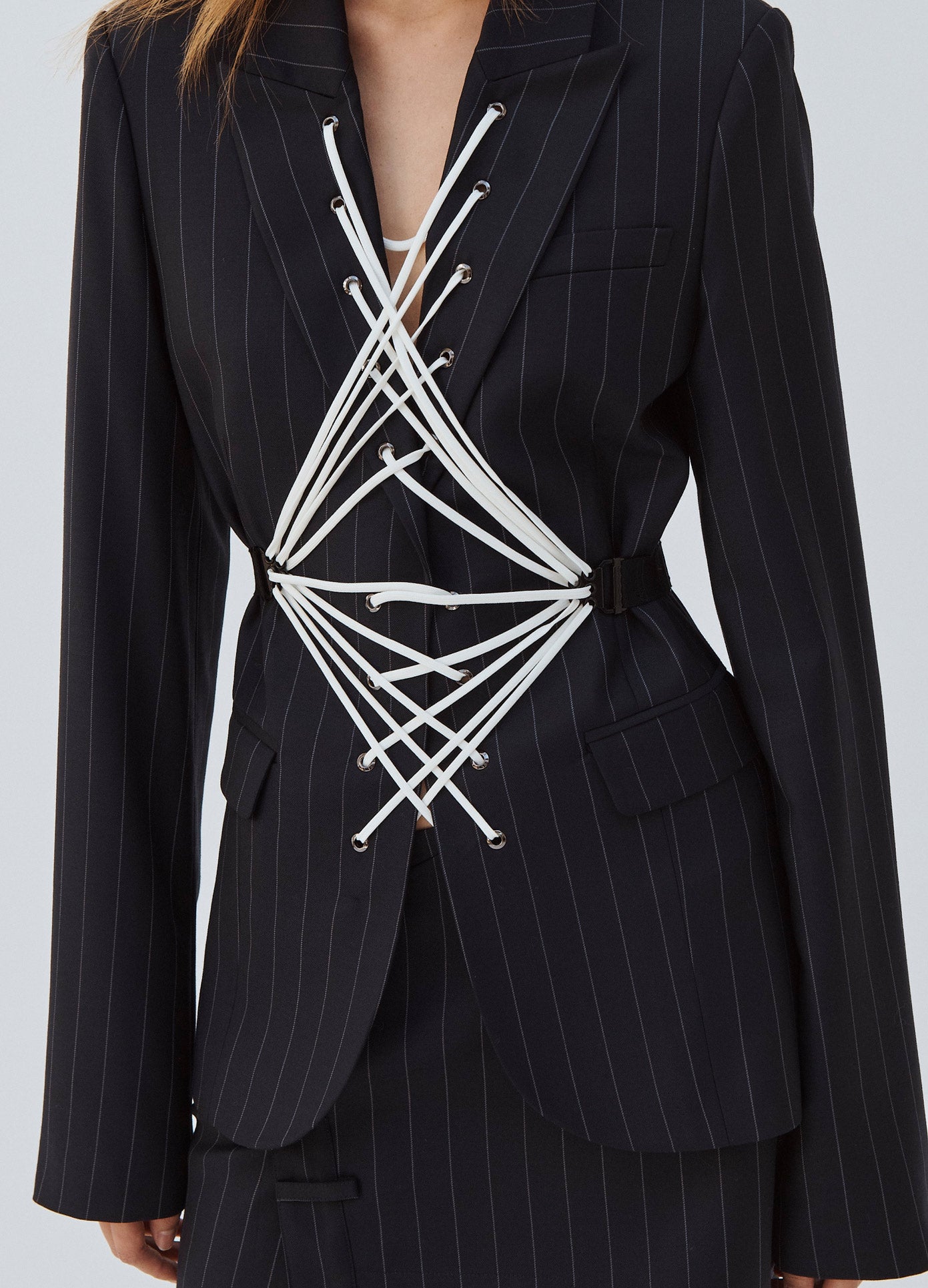 MONSE Laced Up Blazer in Midnight on Model Lacing Front Detailed View