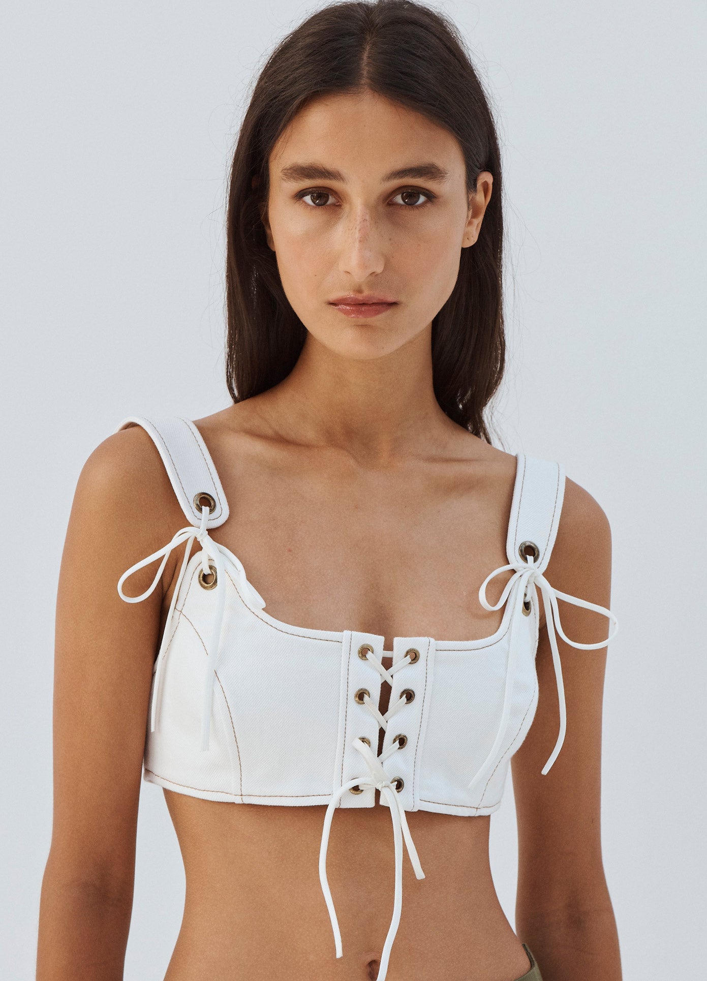 MONSE Lacing Bra in White on Model Front Detail View