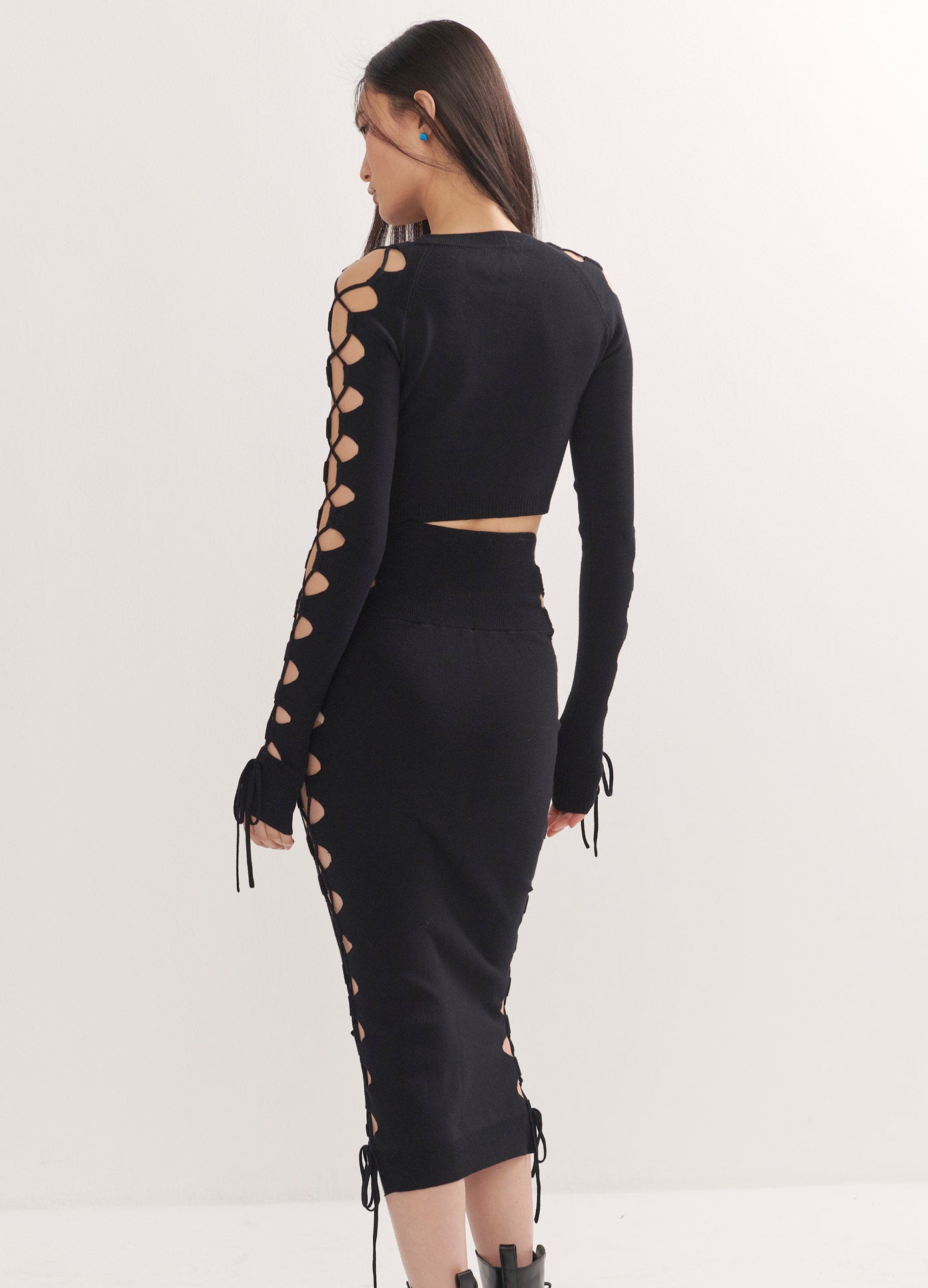 MONSE Lacing Detail Cropped Sweater in Black on Model Back View