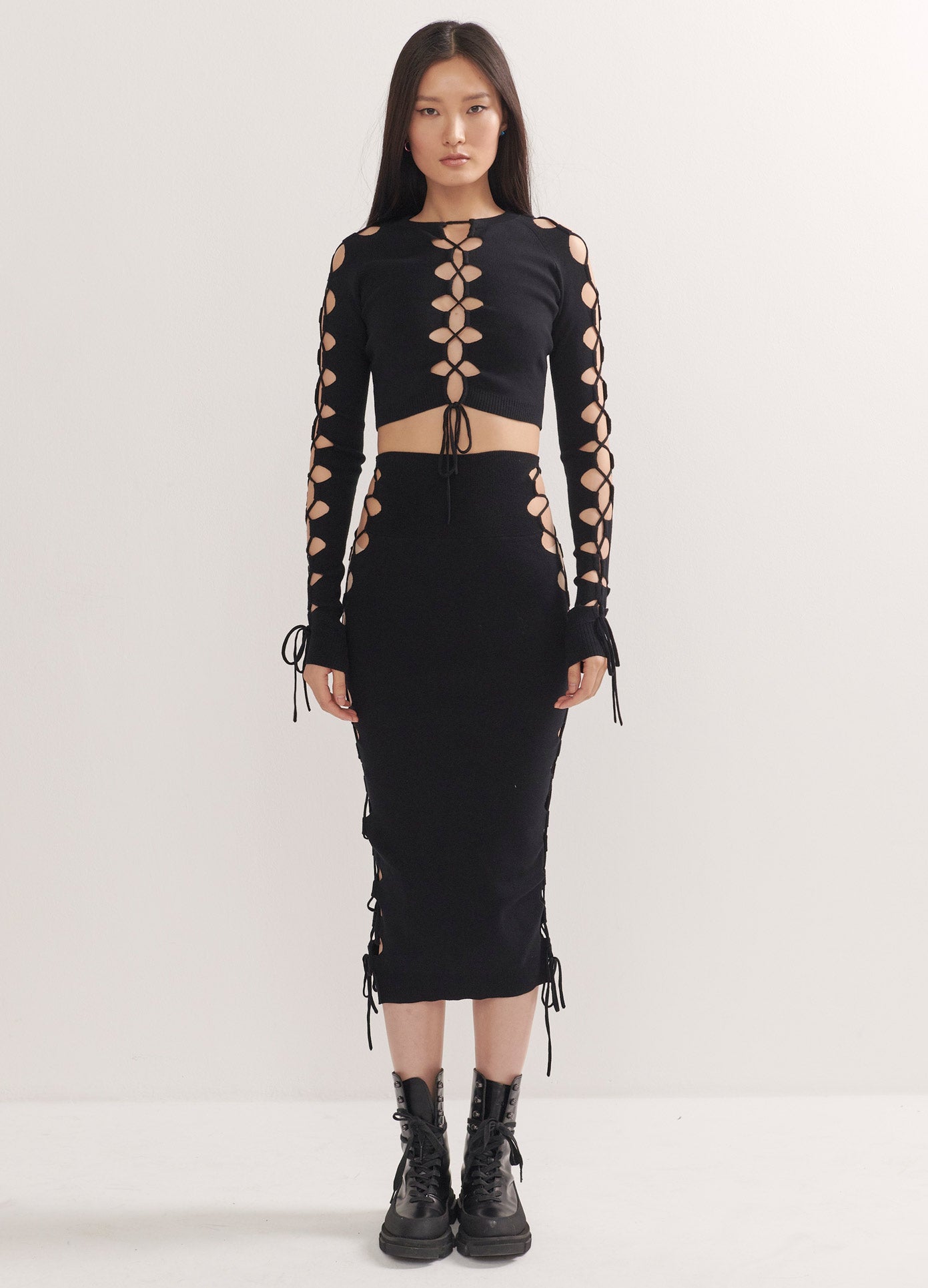 MONSE Lacing Detail Cropped Sweater in Black on Model Full Front View
