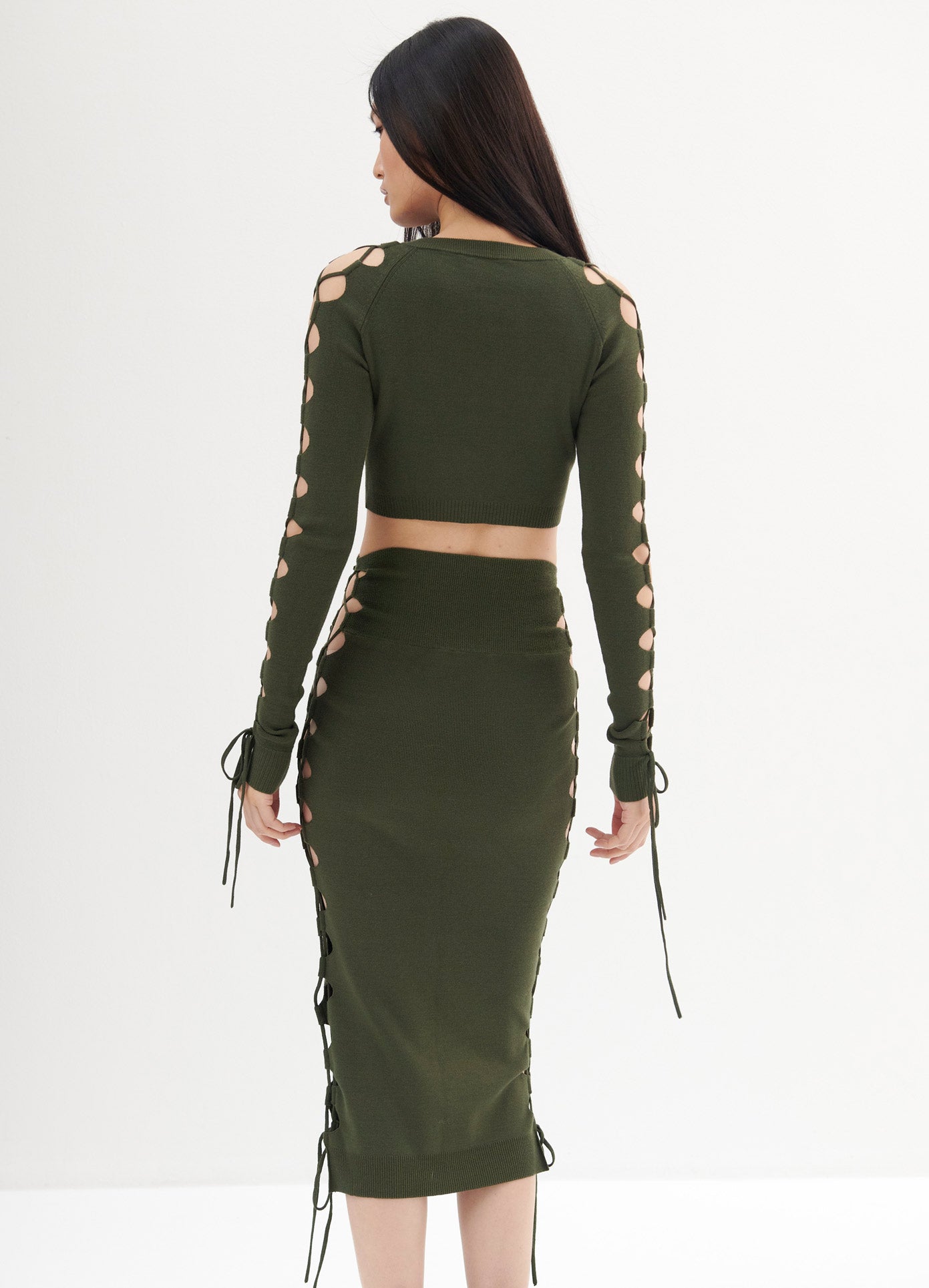 MONSE Lacing Detail Cropped Sweater in Olive on Model Back View
