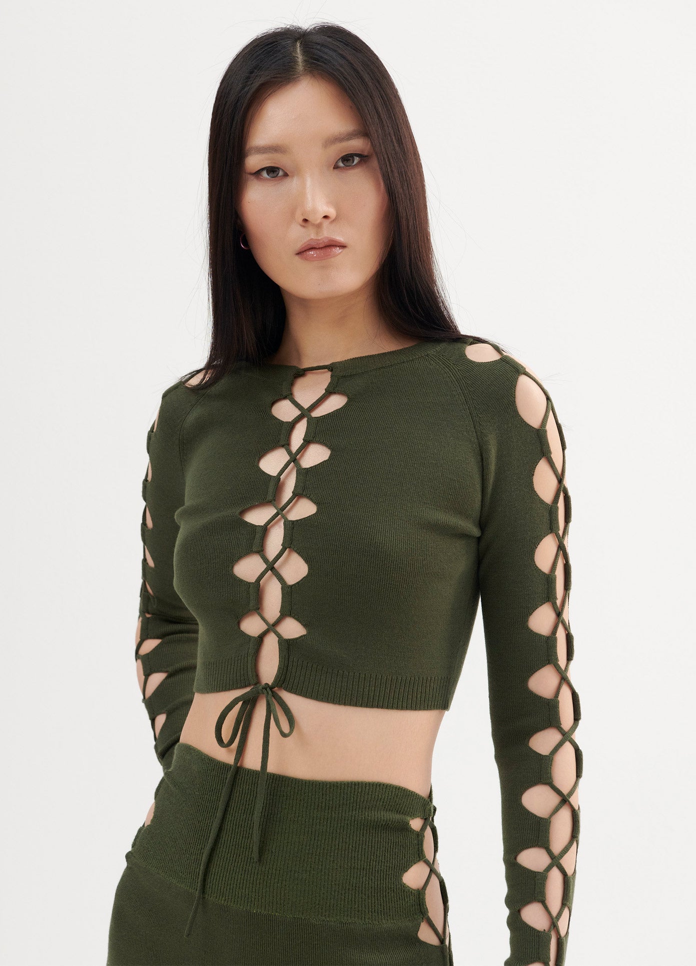 MONSE Lacing Detail Cropped Sweater in Olive on Model Front View