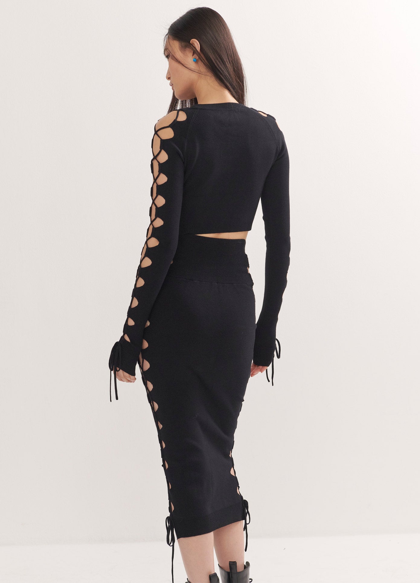 MONSE Lacing Knitted Skirt in Black on Model Back View