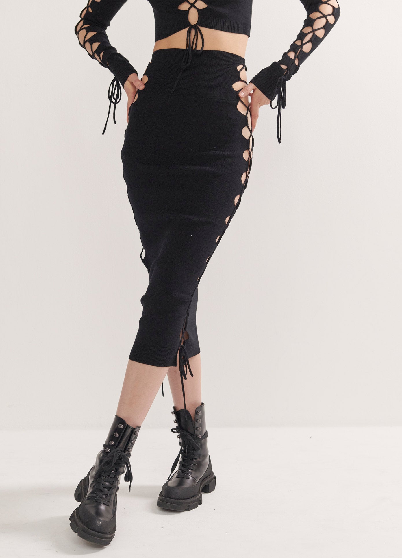 MONSE Lacing Knitted Skirt in Black on Model Front Detail View