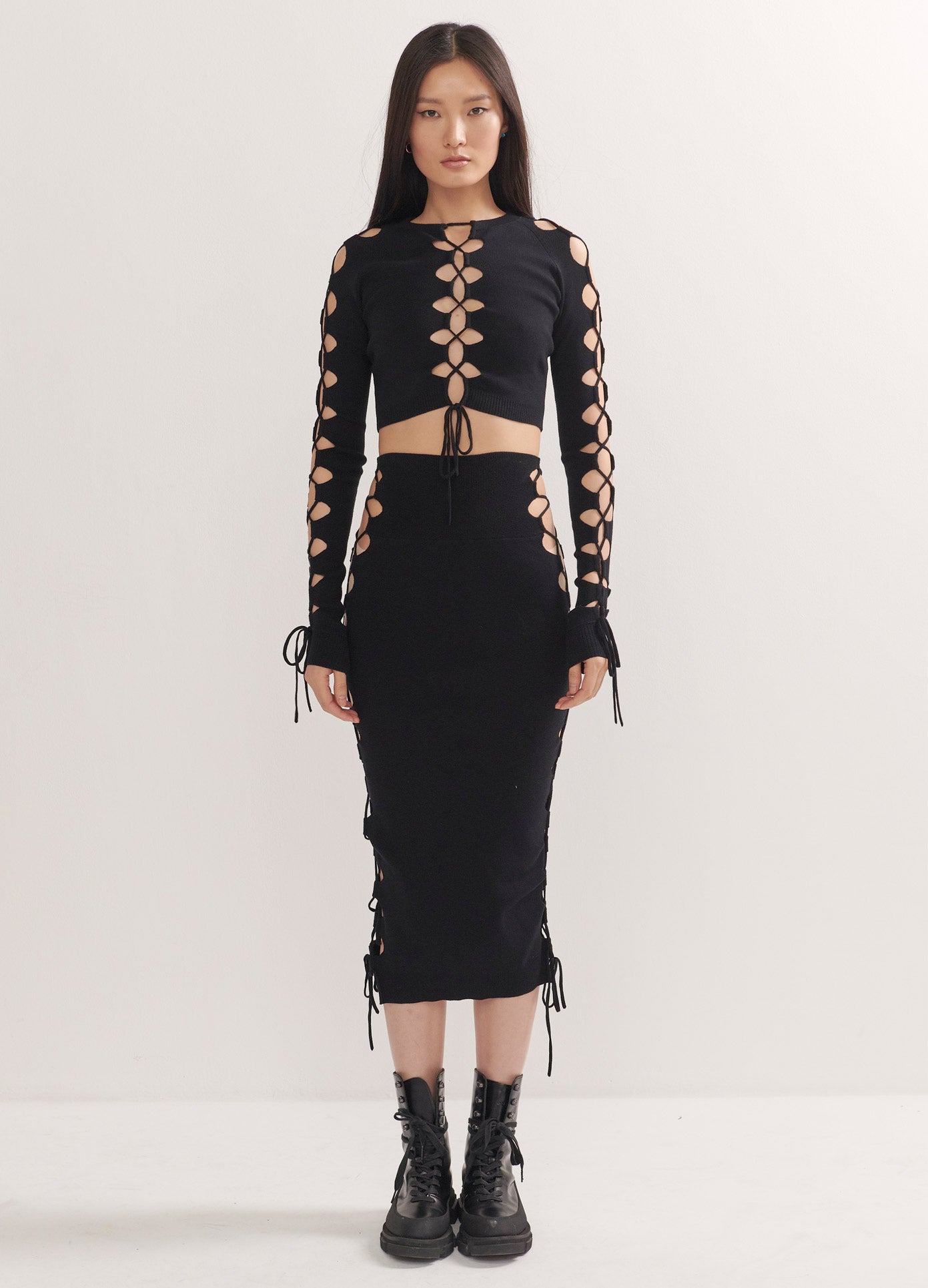 MONSE Lacing Knitted Skirt in Black on Model Full Front View
