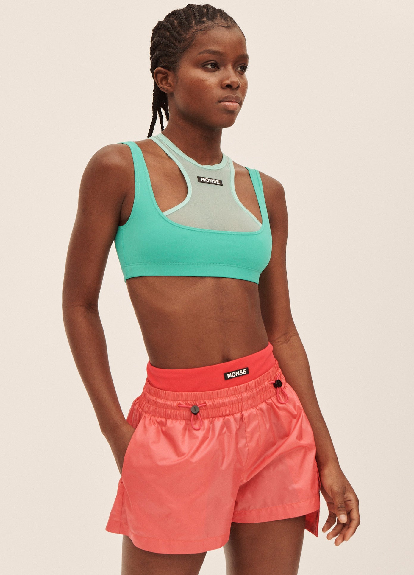 MONSE Layered Short in Deep Pink on Model Front Side View