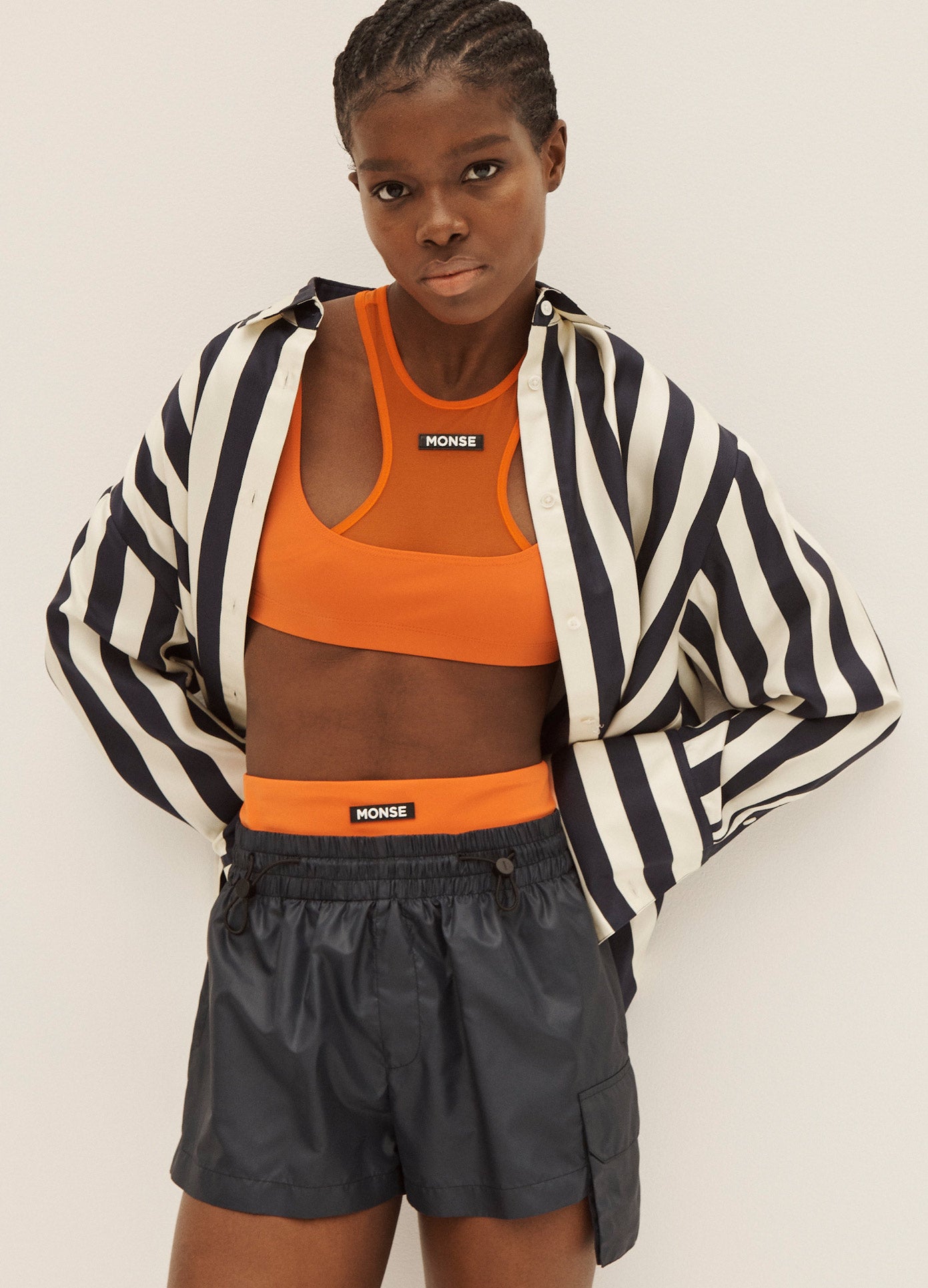 MONSE Layered Short in Midnight and Deep Orange on Model Front View